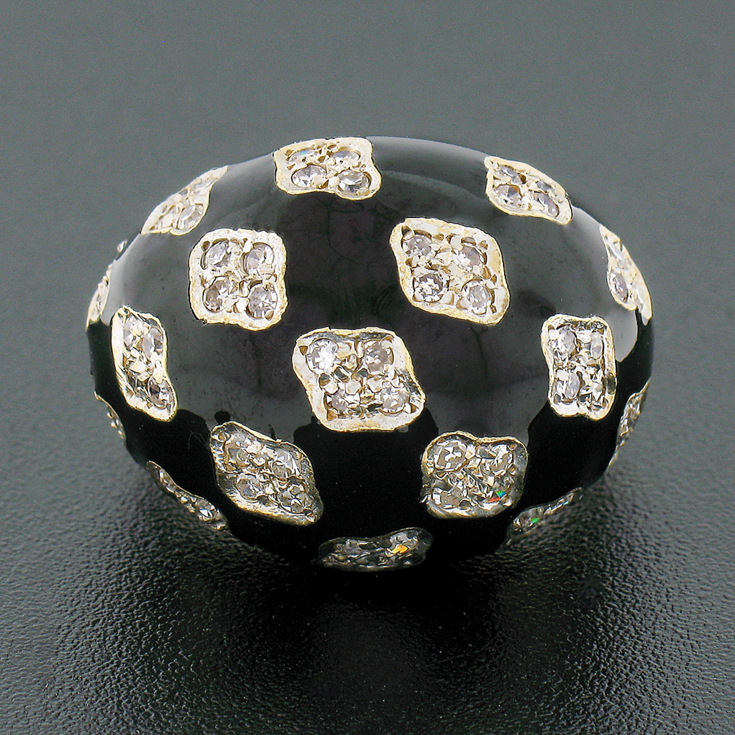 Single Cut Vintage 18k TT Gold 0.90ct Pave Diamond Clusters on Black Enamel Dome Bombe Ring For Sale
