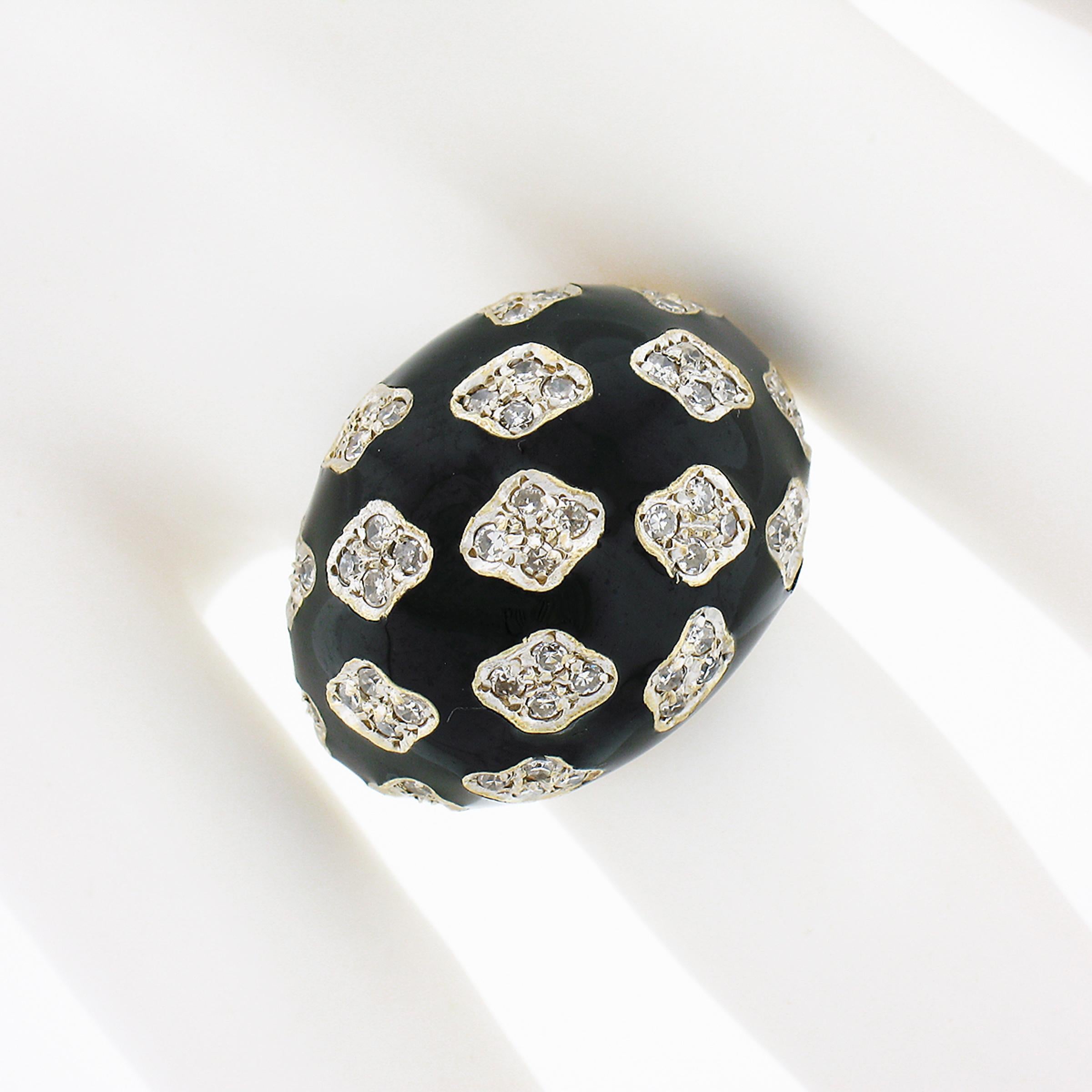 Vintage 18k TT Gold 0.90ct Pave Diamond Clusters on Black Enamel Dome Bombe Ring In Good Condition For Sale In Montclair, NJ