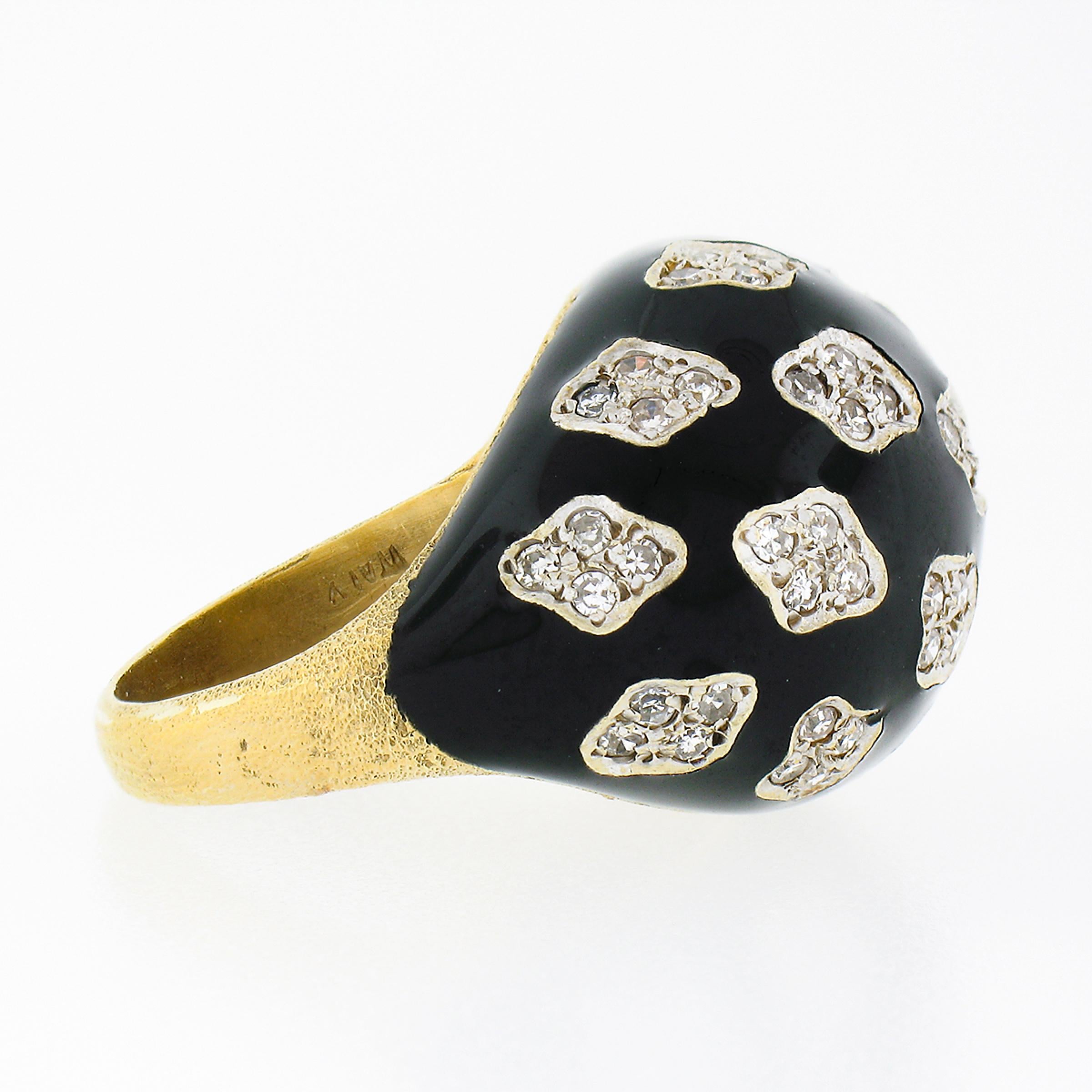 Women's Vintage 18k TT Gold 0.90ct Pave Diamond Clusters on Black Enamel Dome Bombe Ring For Sale