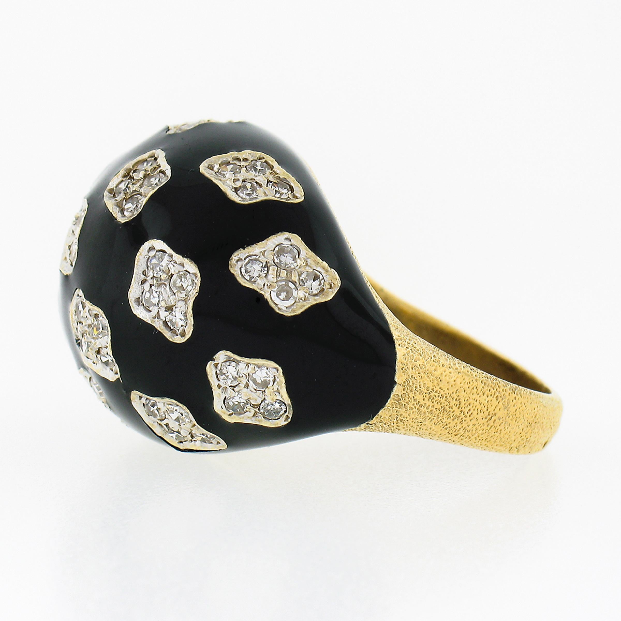 Vintage 18k TT Gold 0.90ct Pave Diamond Clusters on Black Enamel Dome Bombe Ring For Sale 1
