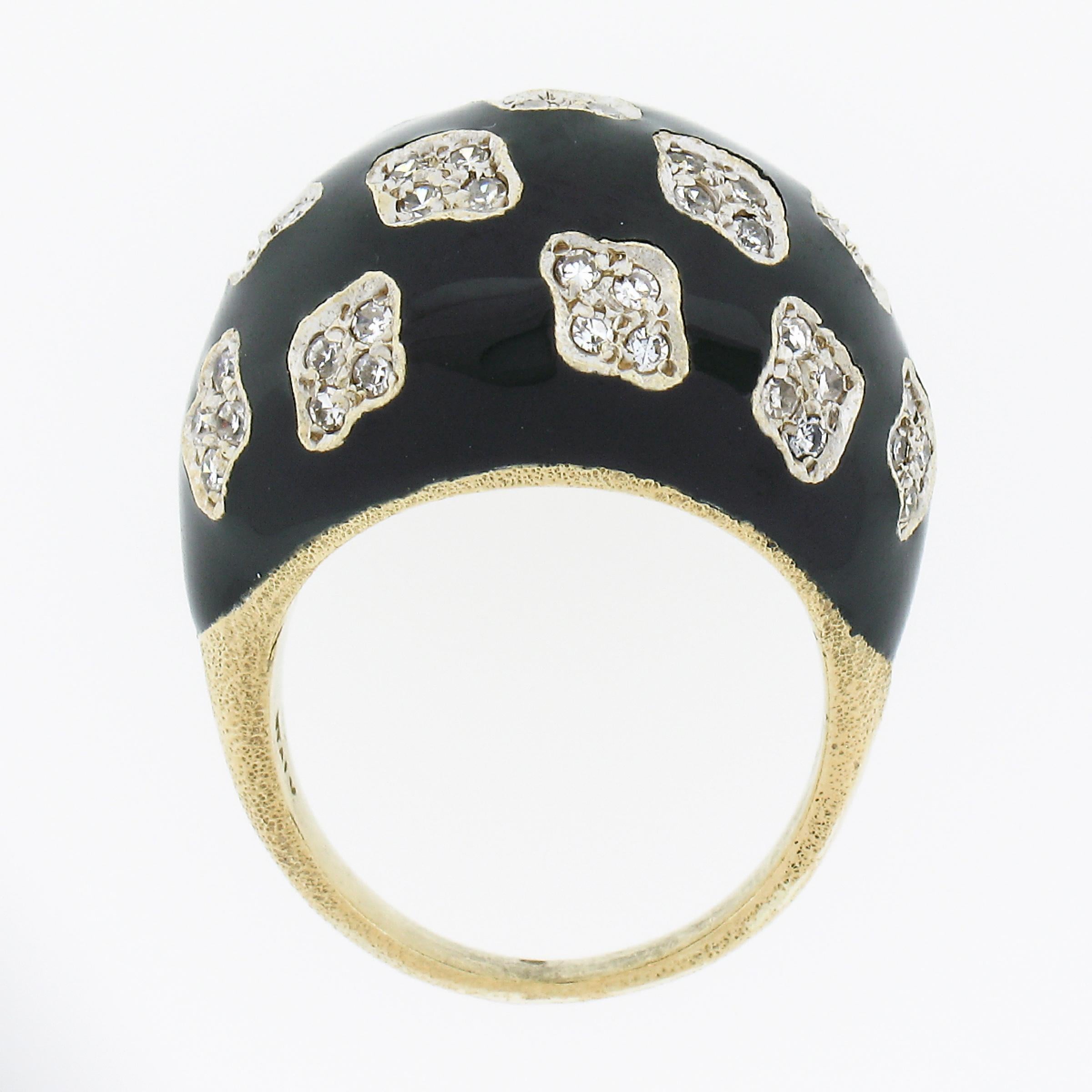 Vintage 18k TT Gold 0.90ct Pave Diamond Clusters on Black Enamel Dome Bombe Ring For Sale 3