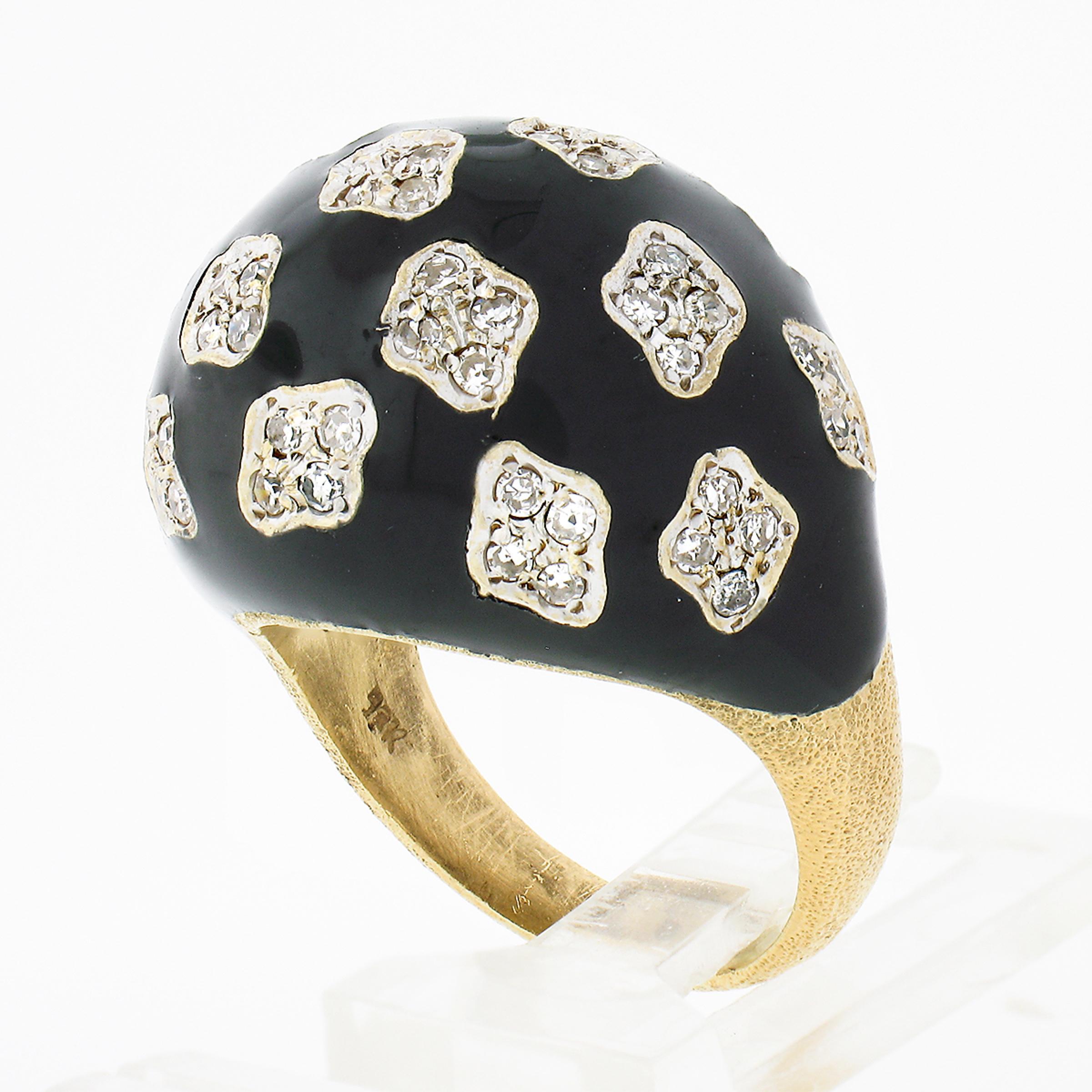 Vintage 18k TT Gold 0.90ct Pave Diamond Clusters on Black Enamel Dome Bombe Ring For Sale 4
