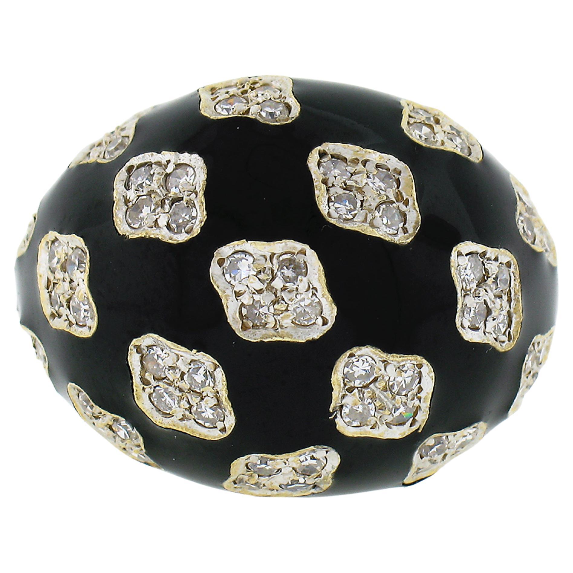 Vintage 18k TT Gold 0.90ct Pave Diamond Clusters on Black Enamel Dome Bombe Ring For Sale