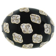 Vintage 18k TT Gold 0,90ct Pave Diamant-Cluster auf schwarzem Emaille Dome Bombe Ring