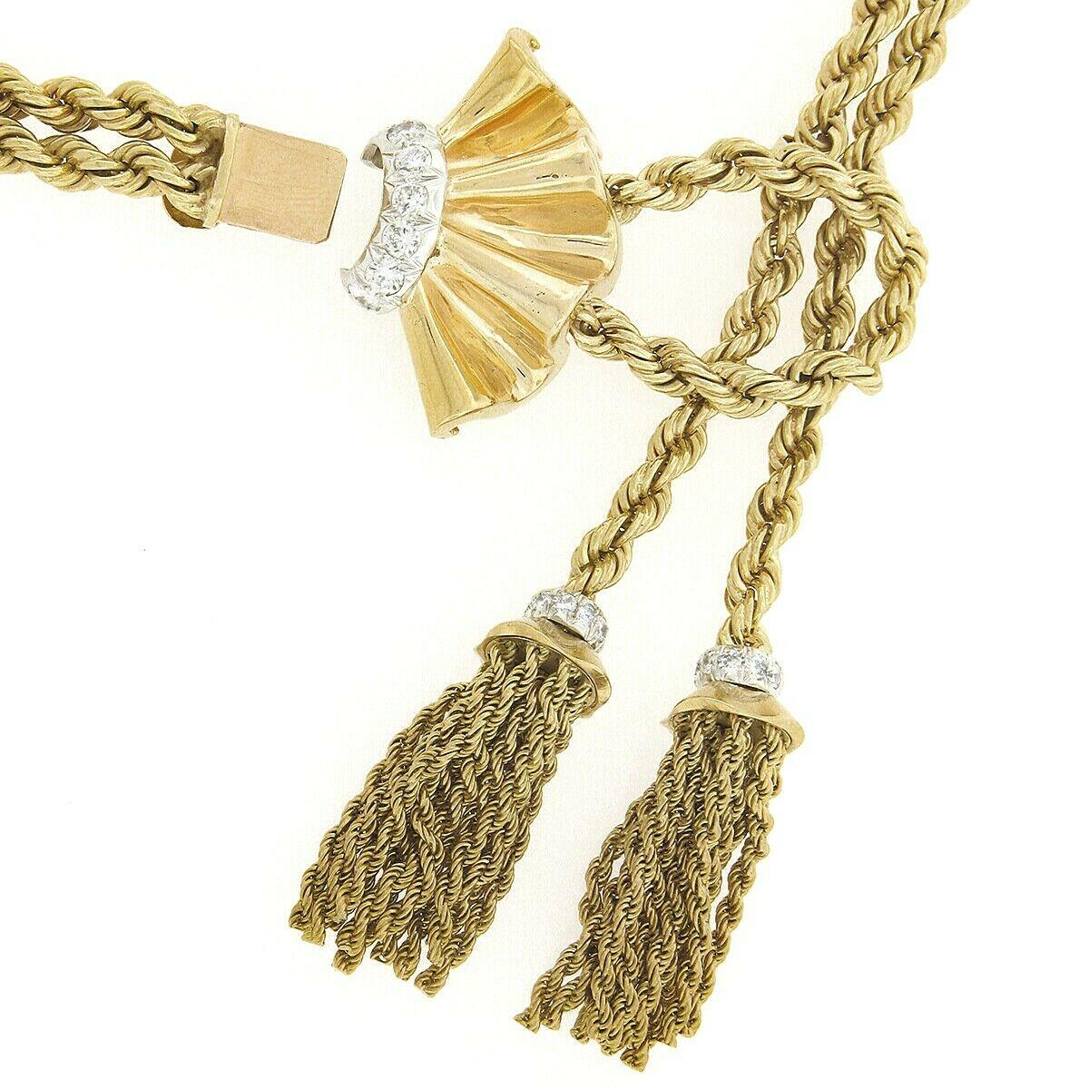 Old European Cut Vintage 18K TT Gold 1.42ctw Diamond Dual Rope Chain Tassel Slide Choker Necklace