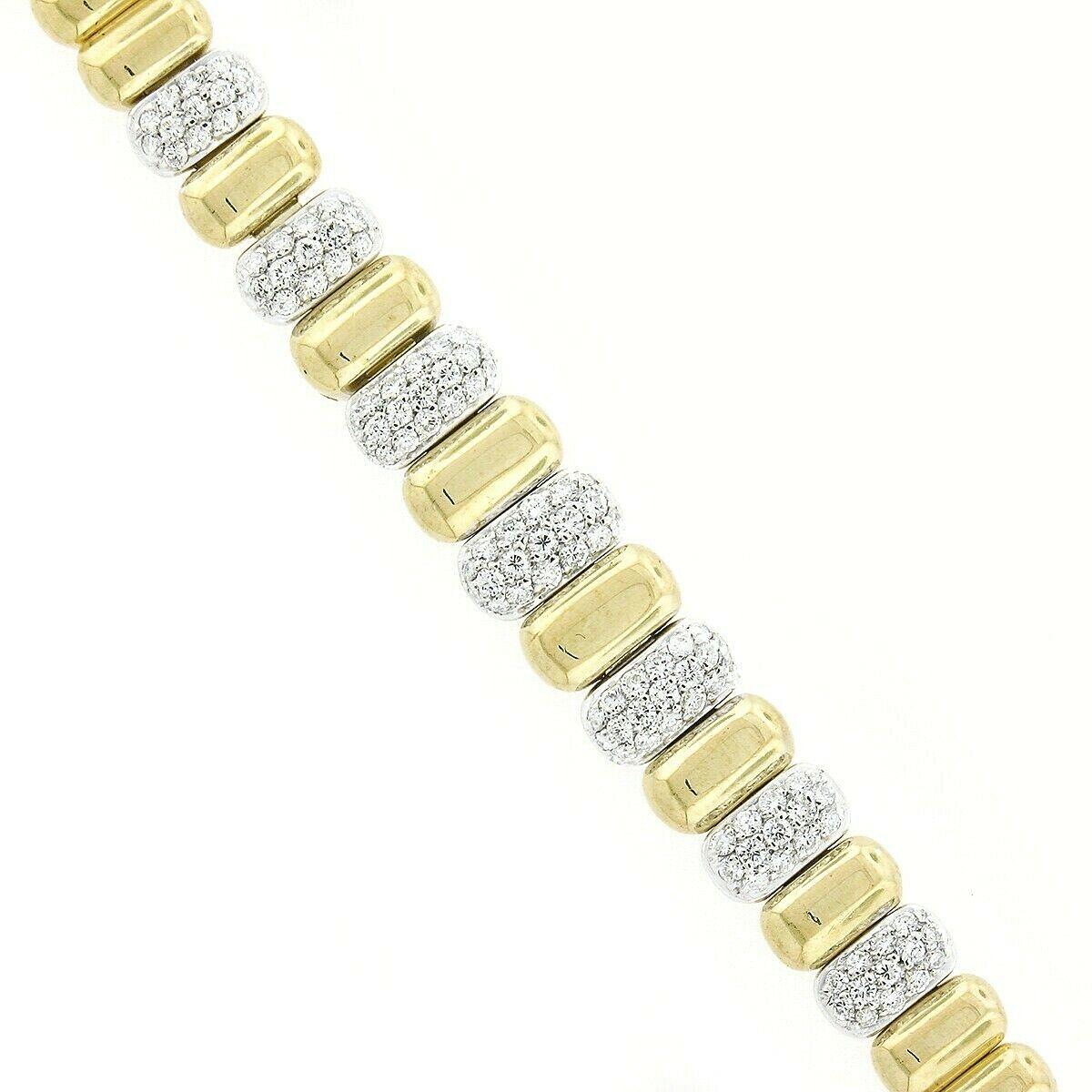 Retro Vintage 18K TT Gold 1.50ctw Pave Diamond & Polished Graduated Oval Link Bracelet For Sale