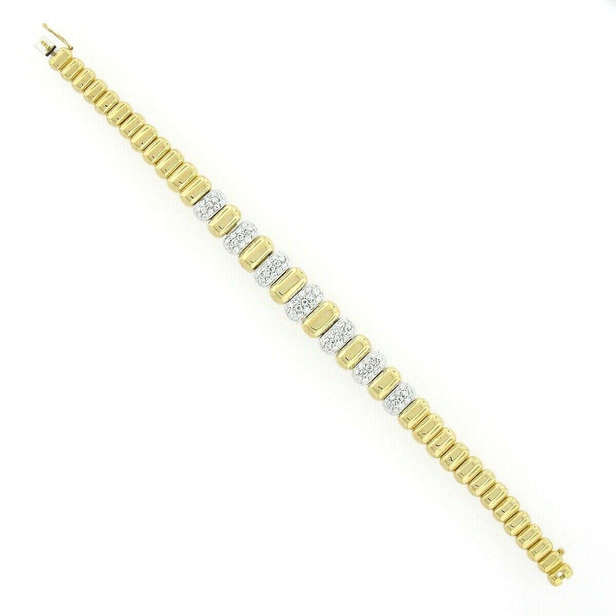 Round Cut Vintage 18K TT Gold 1.50ctw Pave Diamond & Polished Graduated Oval Link Bracelet For Sale