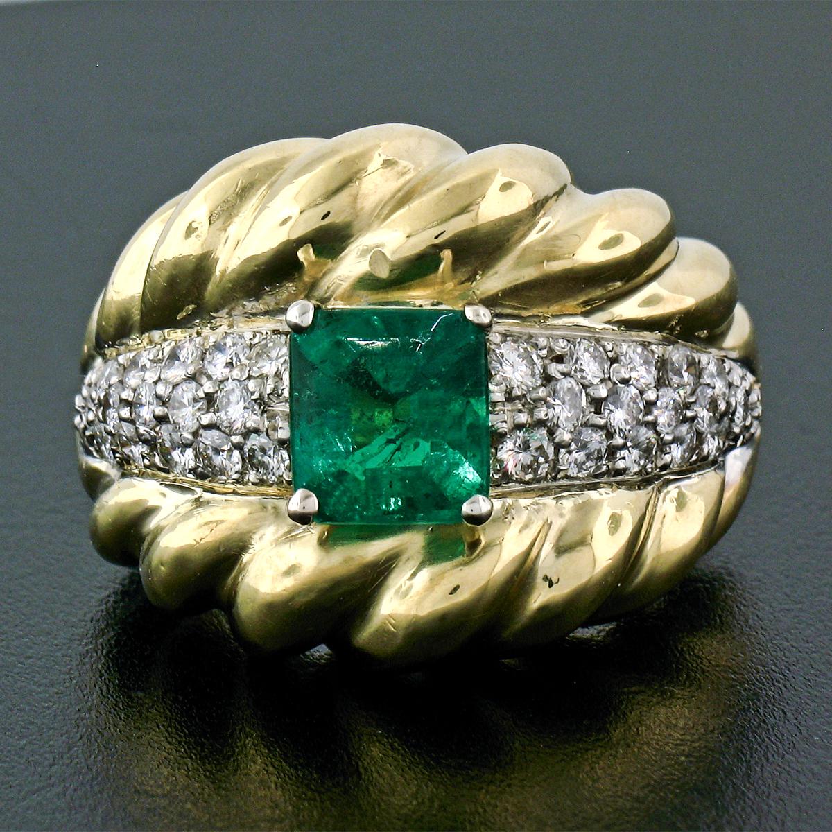 Emerald Cut Vintage 18K TT Gold 2.29ctw GIA Colombian Emerald & Diamond Cocktail Ring For Sale
