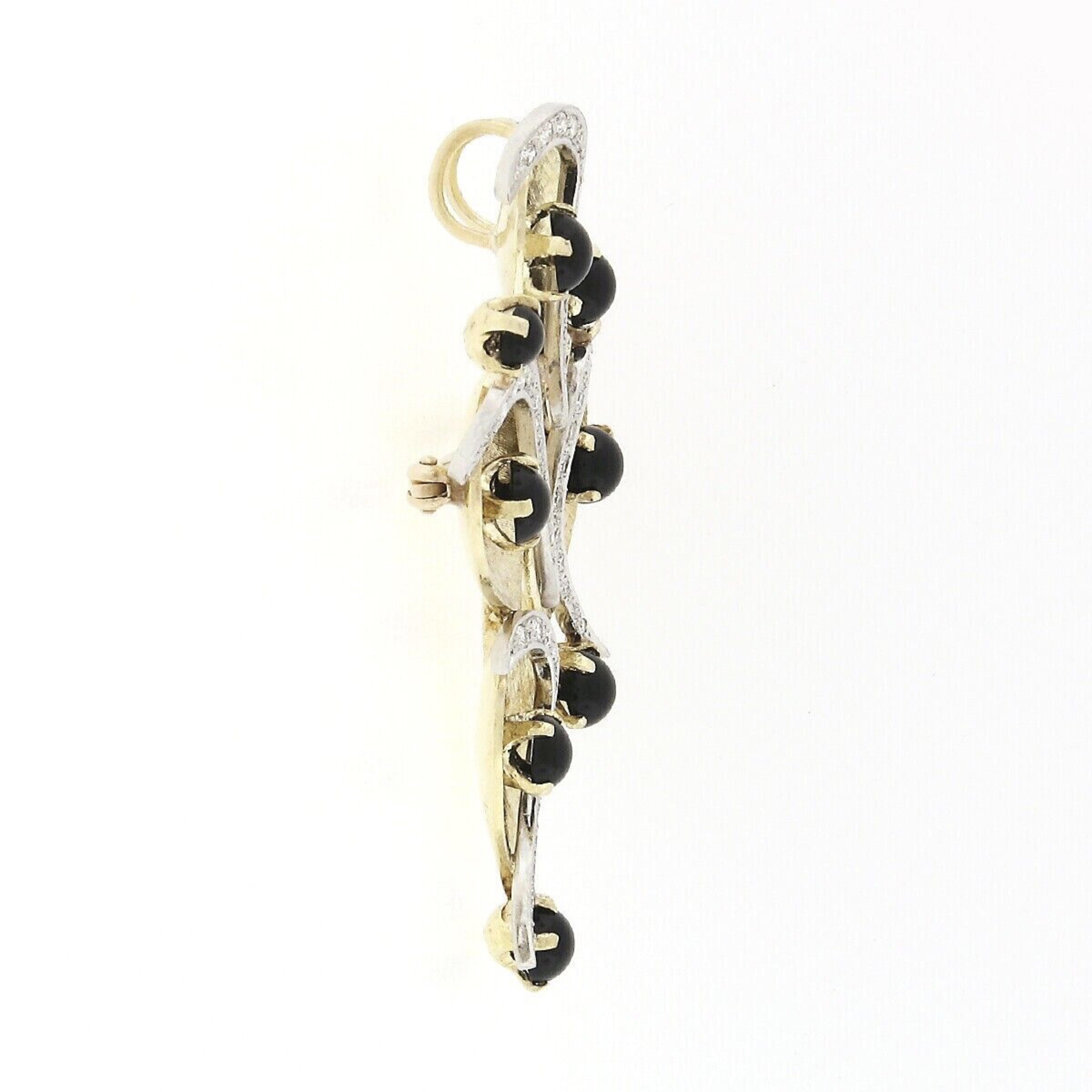 Vintage 18k TT Gold Black Onyx & Diamond Florentine Teardrop Brooch Pin Pendant In Good Condition For Sale In Montclair, NJ