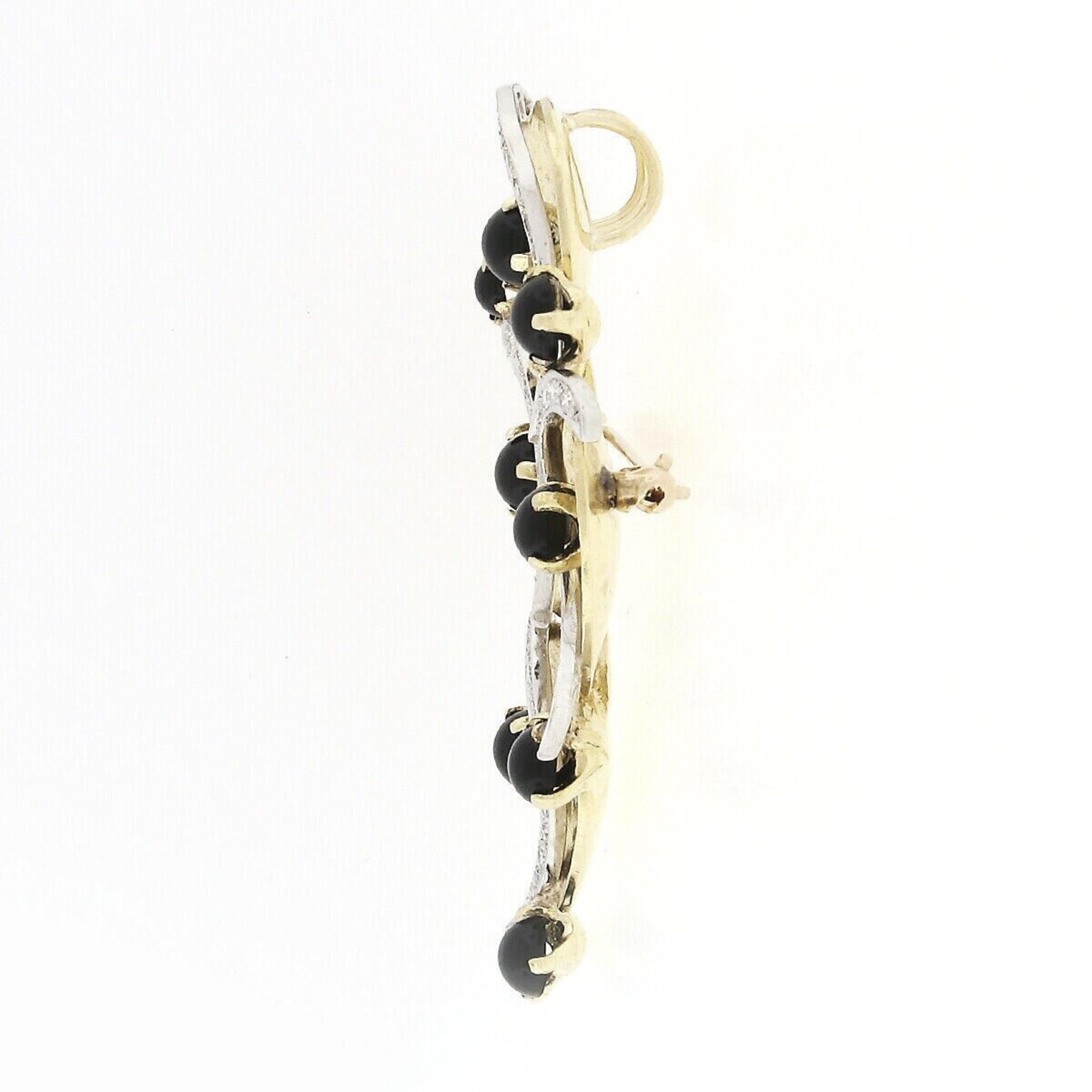 Women's or Men's Vintage 18k TT Gold Black Onyx & Diamond Florentine Teardrop Brooch Pin Pendant For Sale