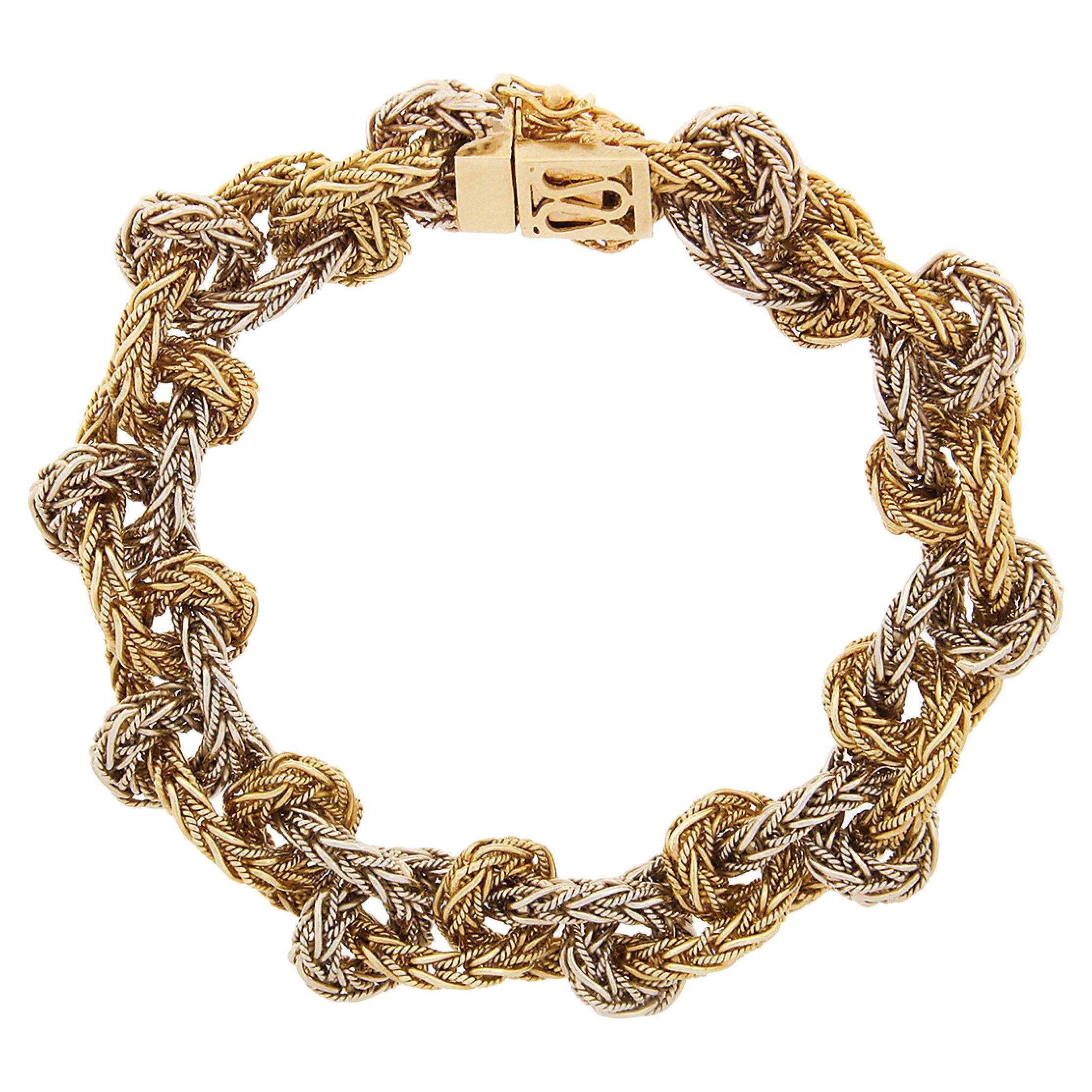 Vintage 18K TT Gold Braided Polished Twisted Wire Wheat Link Into Knot Bracelet For Sale