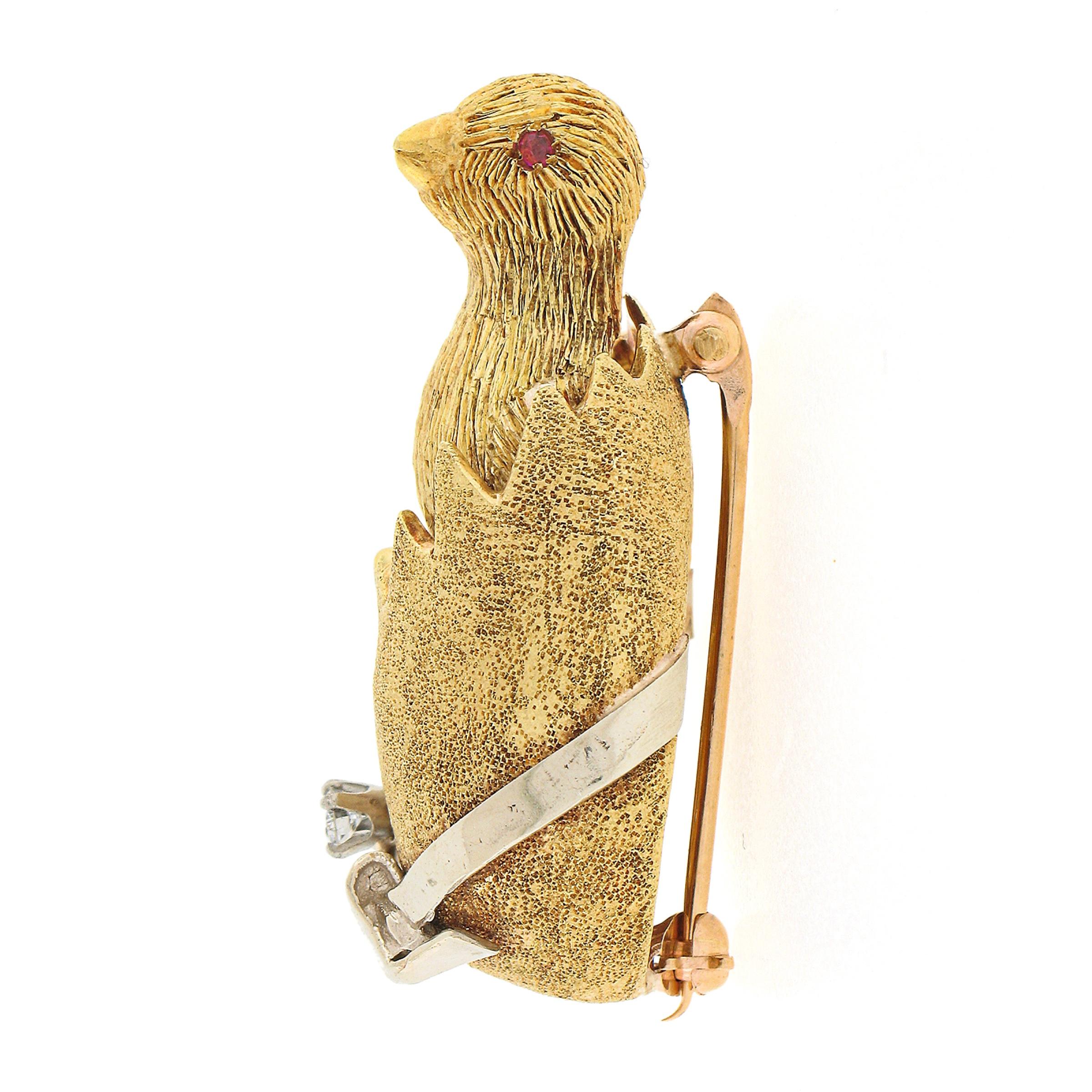 Women's or Men's Vintage 18K TT Gold Detailed Textured Chick Bird Breaking Out of Egg Pin Brooch For Sale