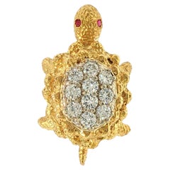 Vintage 18K Turtle Brooch Diamond Pave Yellow Gold ~1.2ctw by Herbert Rosenthal