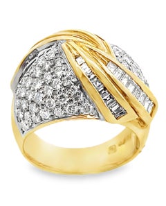 Vintage 18k Two Tone 2.15 Carat Pavé Diamond Shield Dome Ring with Swirl Design
