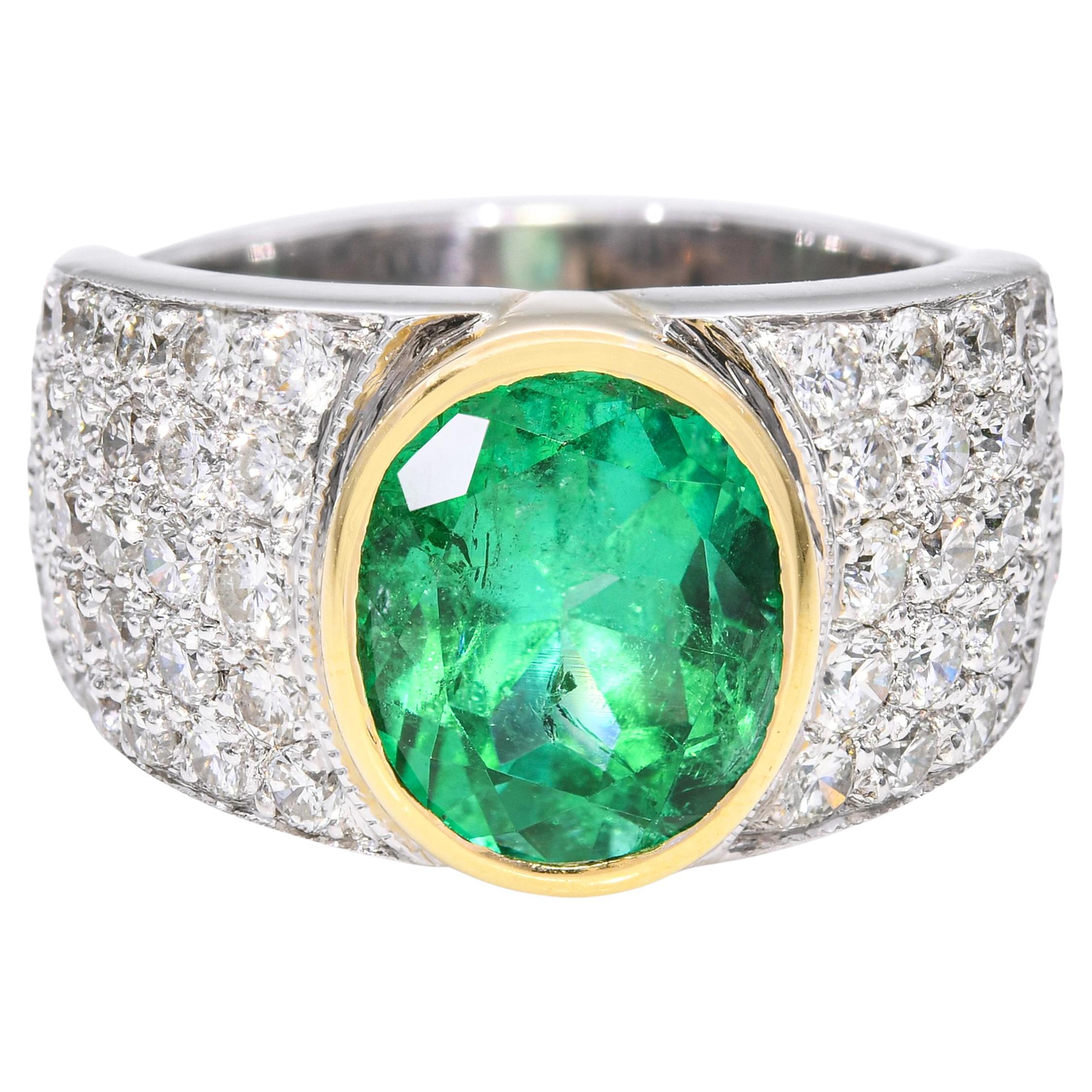Vintage 18k Two-Tone 3.29ct Emerald and Diamond Statement Ring