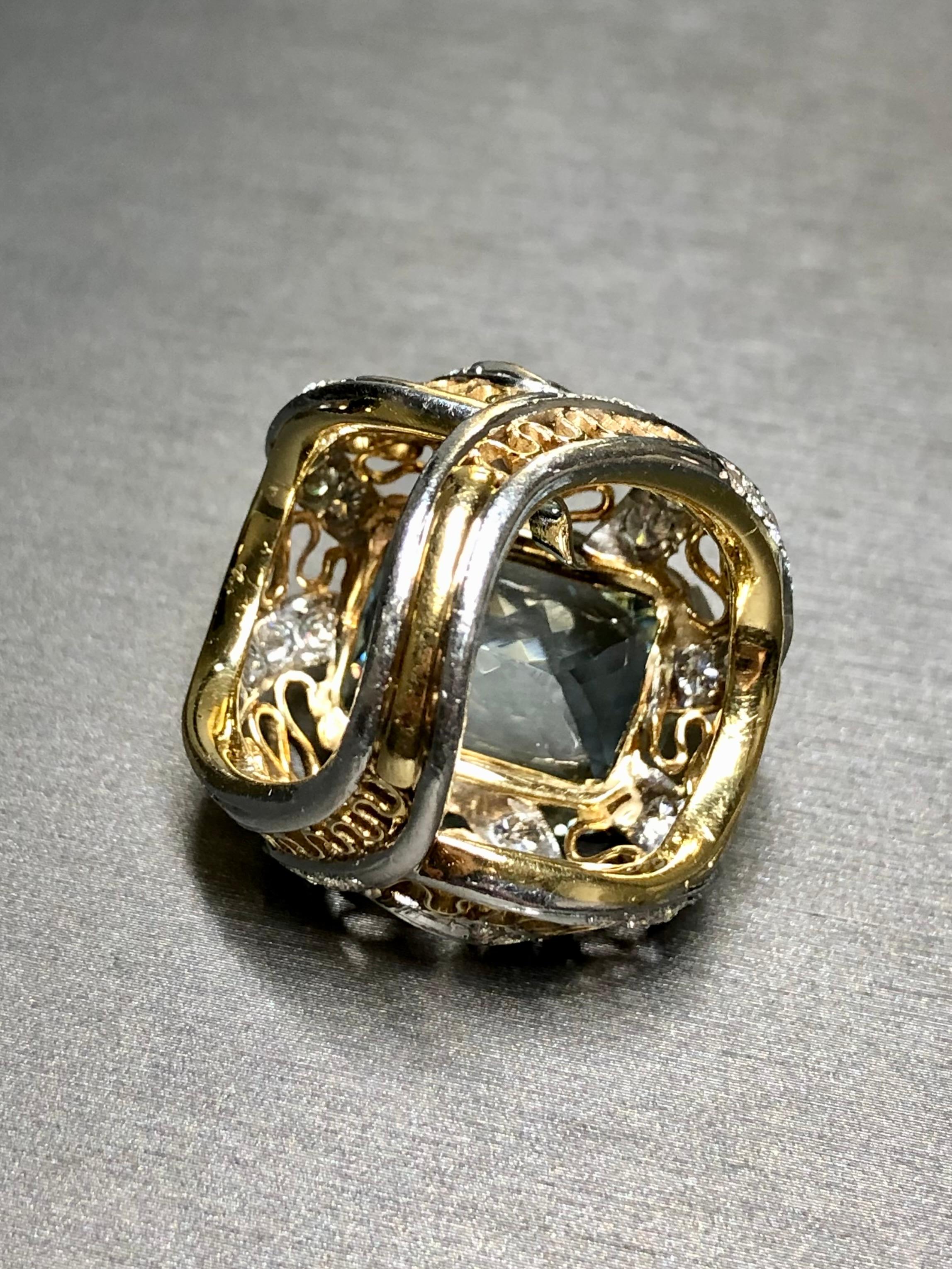 Vintage 18K Two Tone  Cushion Aquamarine Diamond Large Cocktail Ring 23.10cttw For Sale 5
