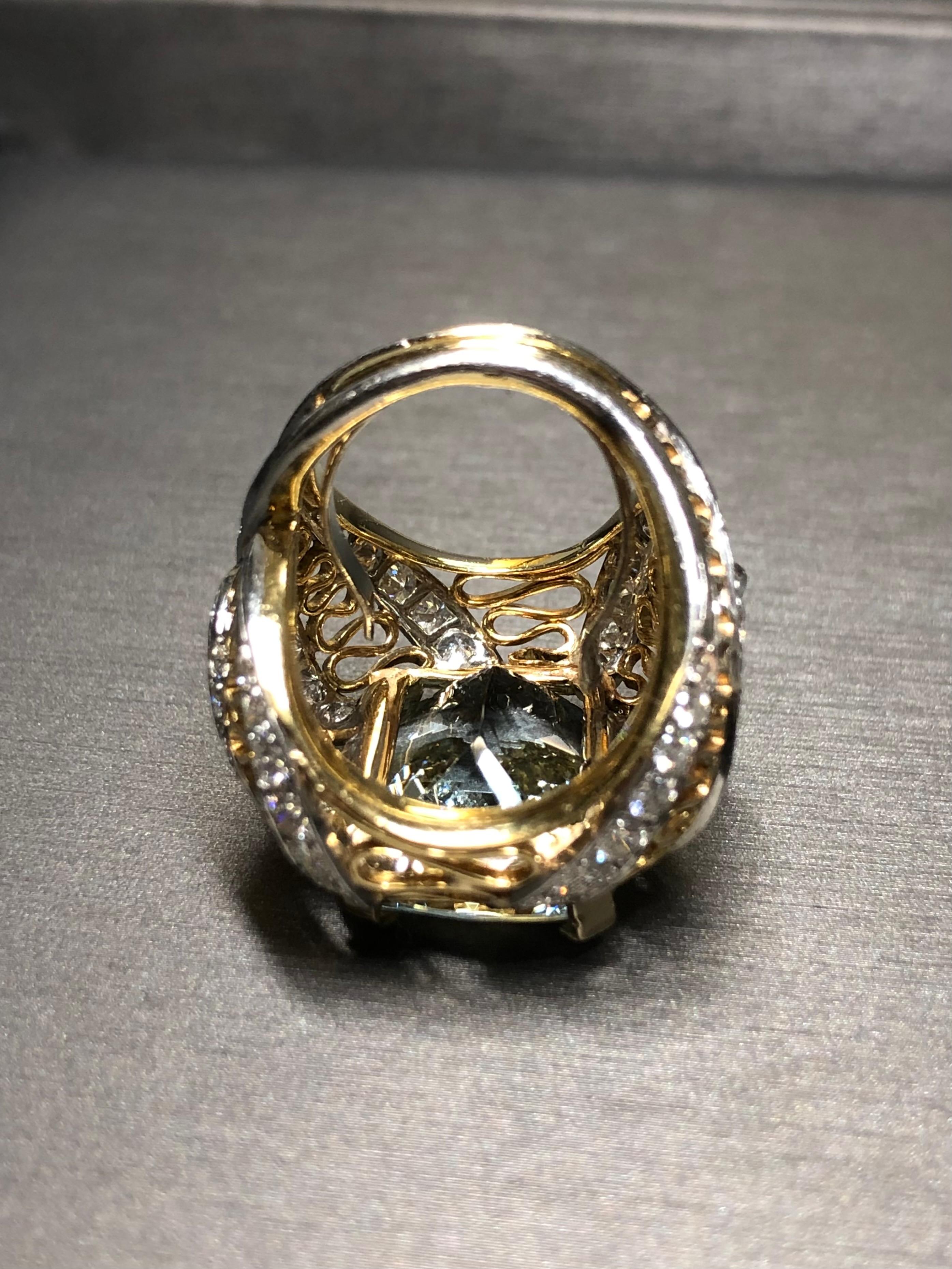 Vintage 18K Two Tone  Cushion Aquamarine Diamond Large Cocktail Ring 23.10cttw For Sale 6