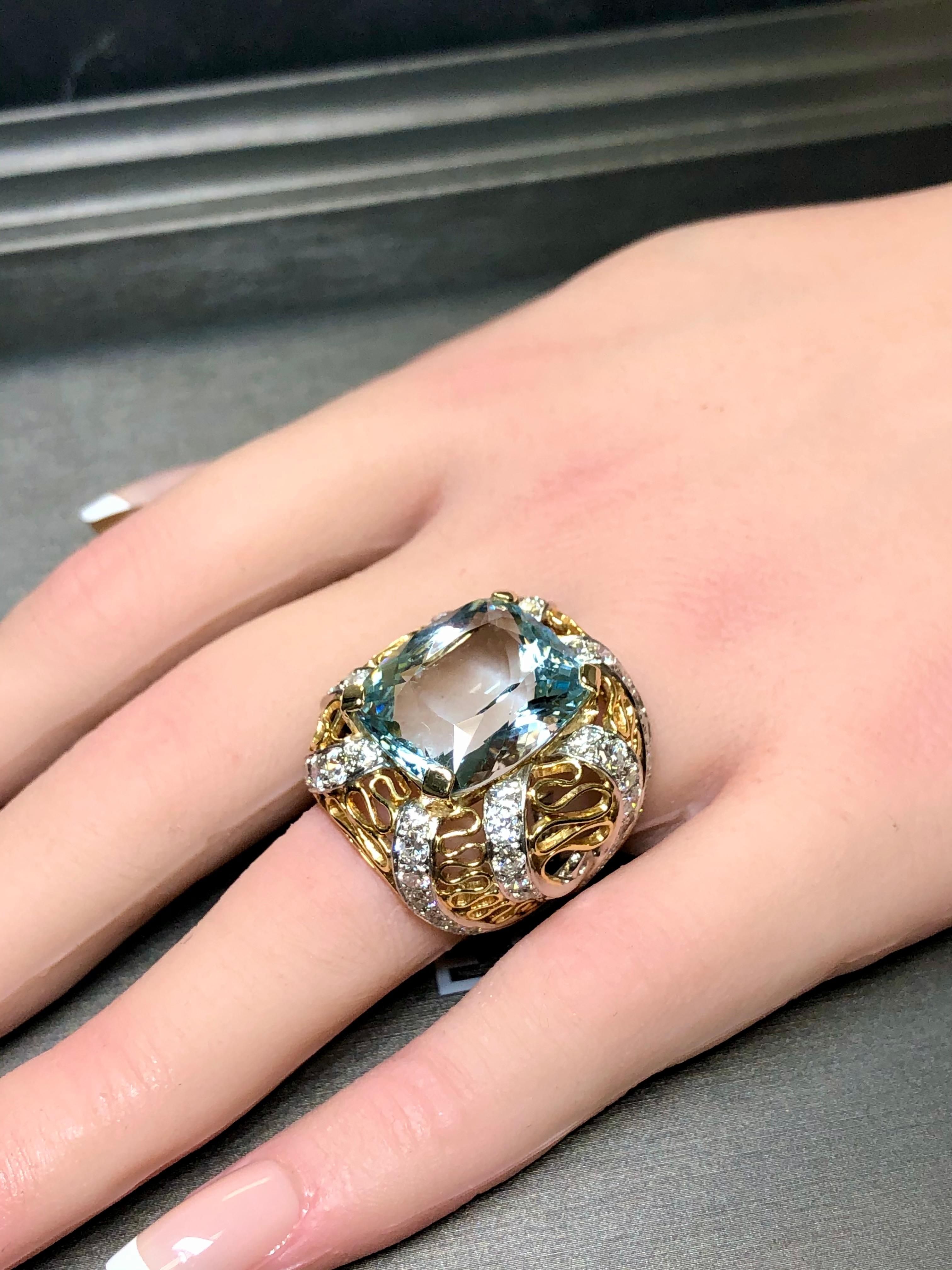 Vintage 18K Two Tone  Cushion Aquamarine Diamond Large Cocktail Ring 23.10cttw  For Sale 7