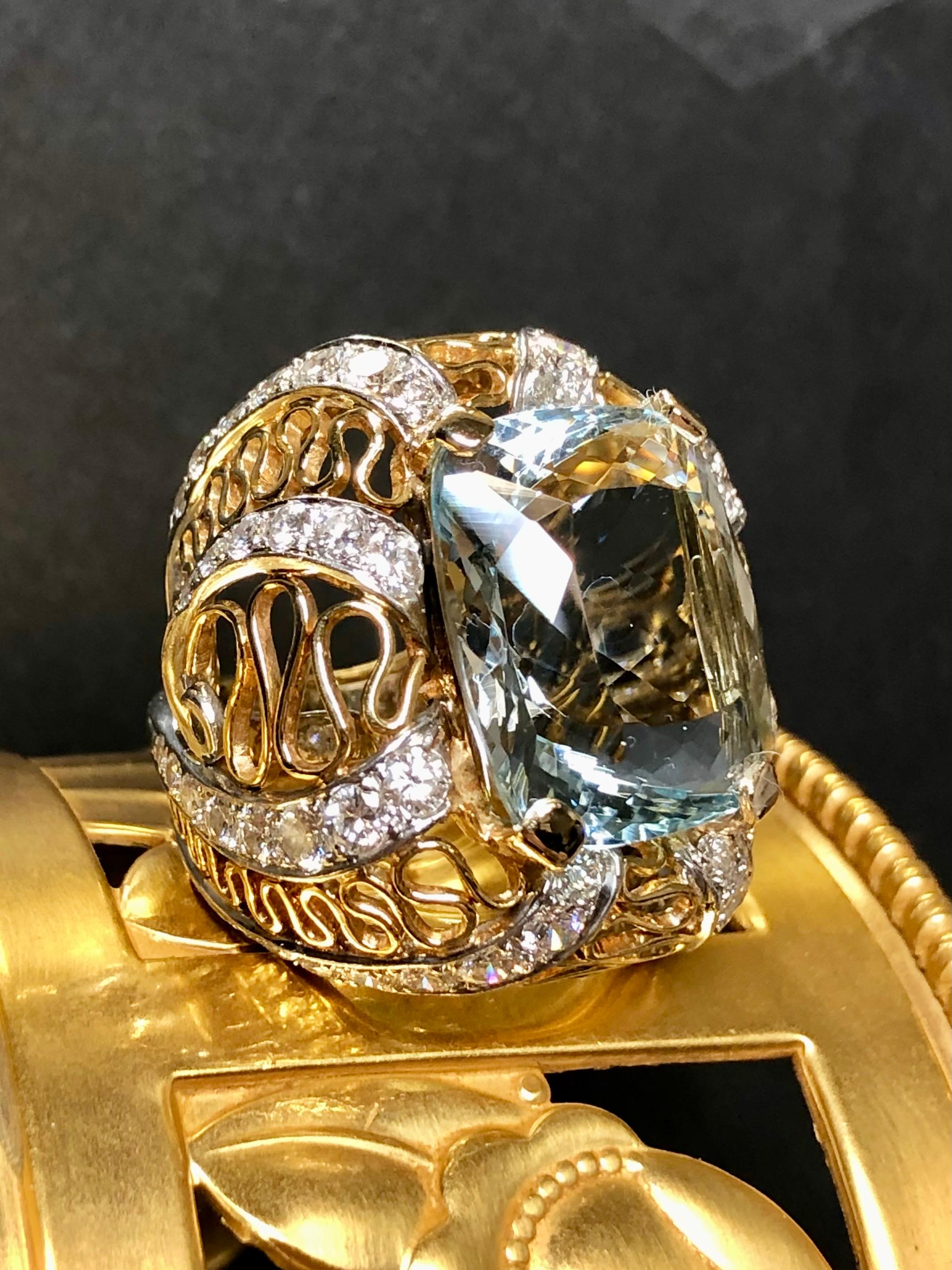 Contemporary Vintage 18K Two Tone  Cushion Aquamarine Diamond Large Cocktail Ring 23.10cttw For Sale
