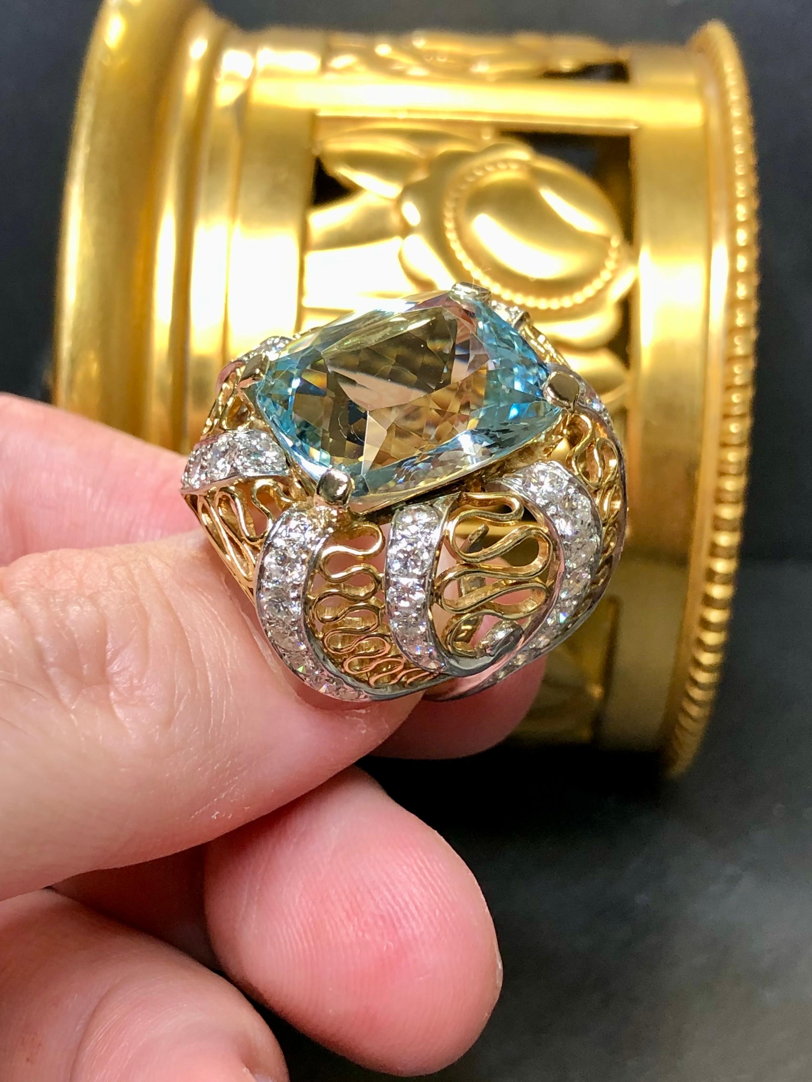 Cushion Cut Vintage 18K Two Tone  Cushion Aquamarine Diamond Large Cocktail Ring 23.10cttw For Sale
