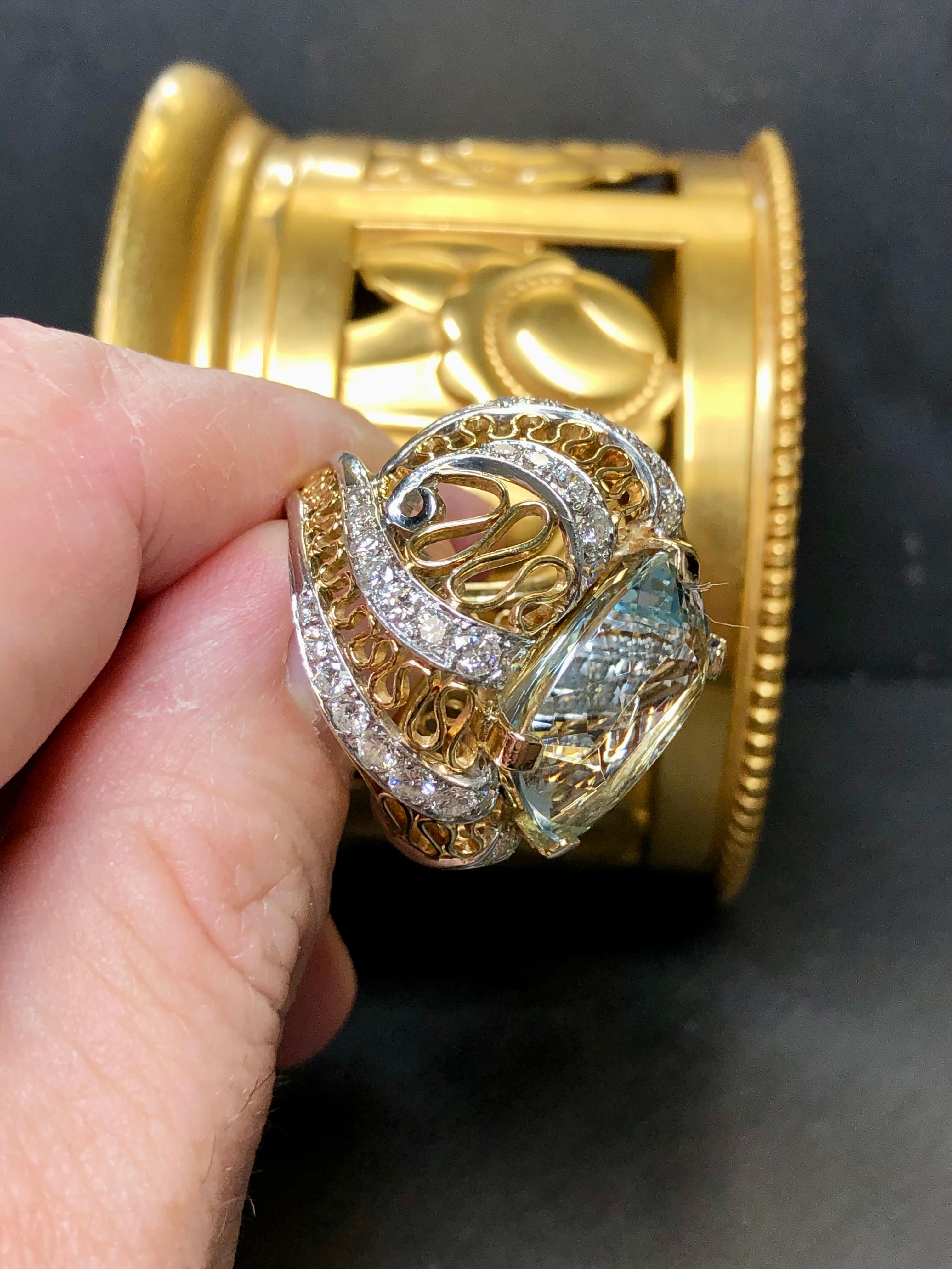 Women's or Men's Vintage 18K Two Tone  Cushion Aquamarine Diamond Large Cocktail Ring 23.10cttw For Sale