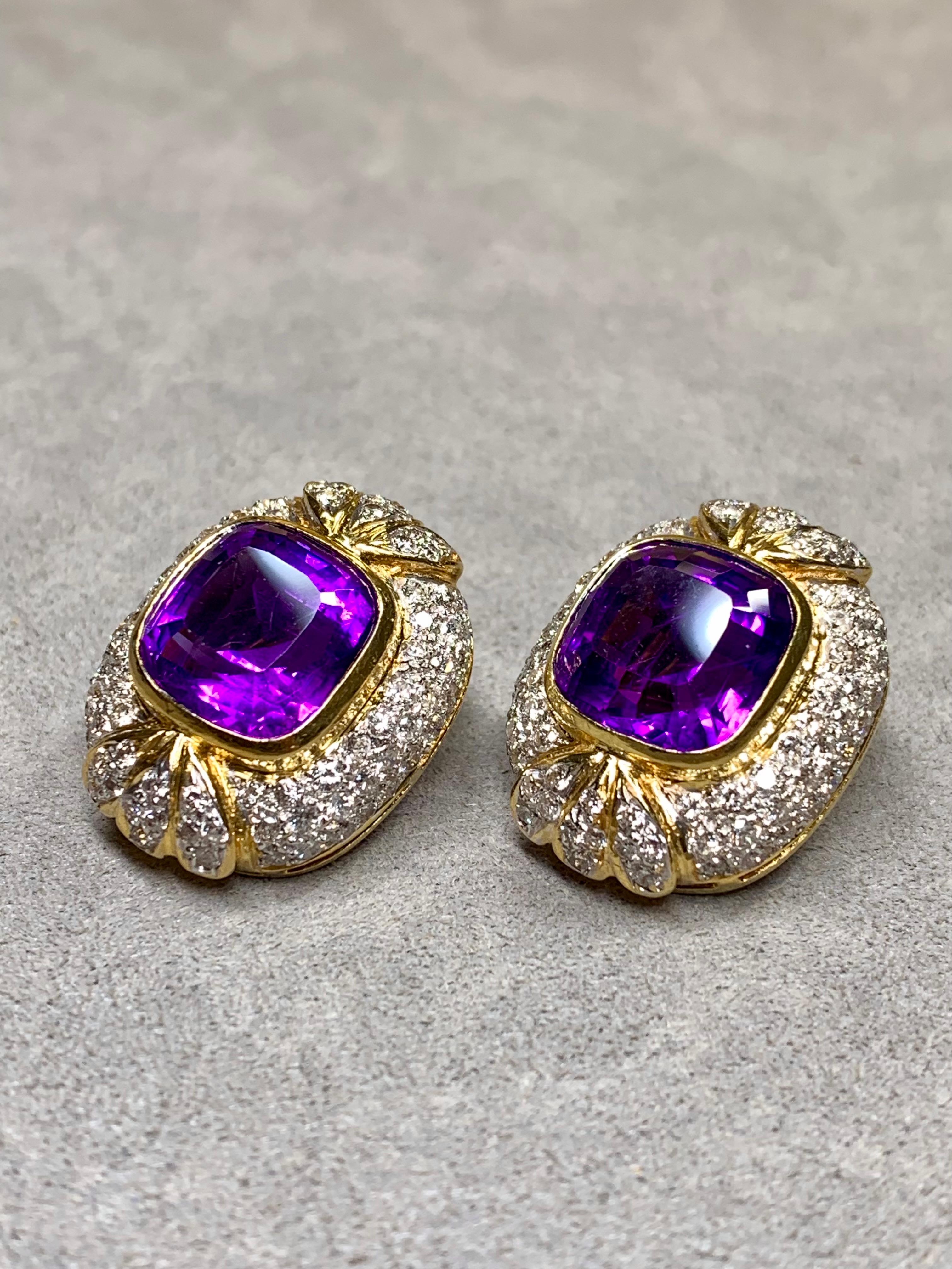 Contemporary Vintage 18K Two Tone Diamond Cushion Amethyst Huggie Earrings 18.20ctw For Sale