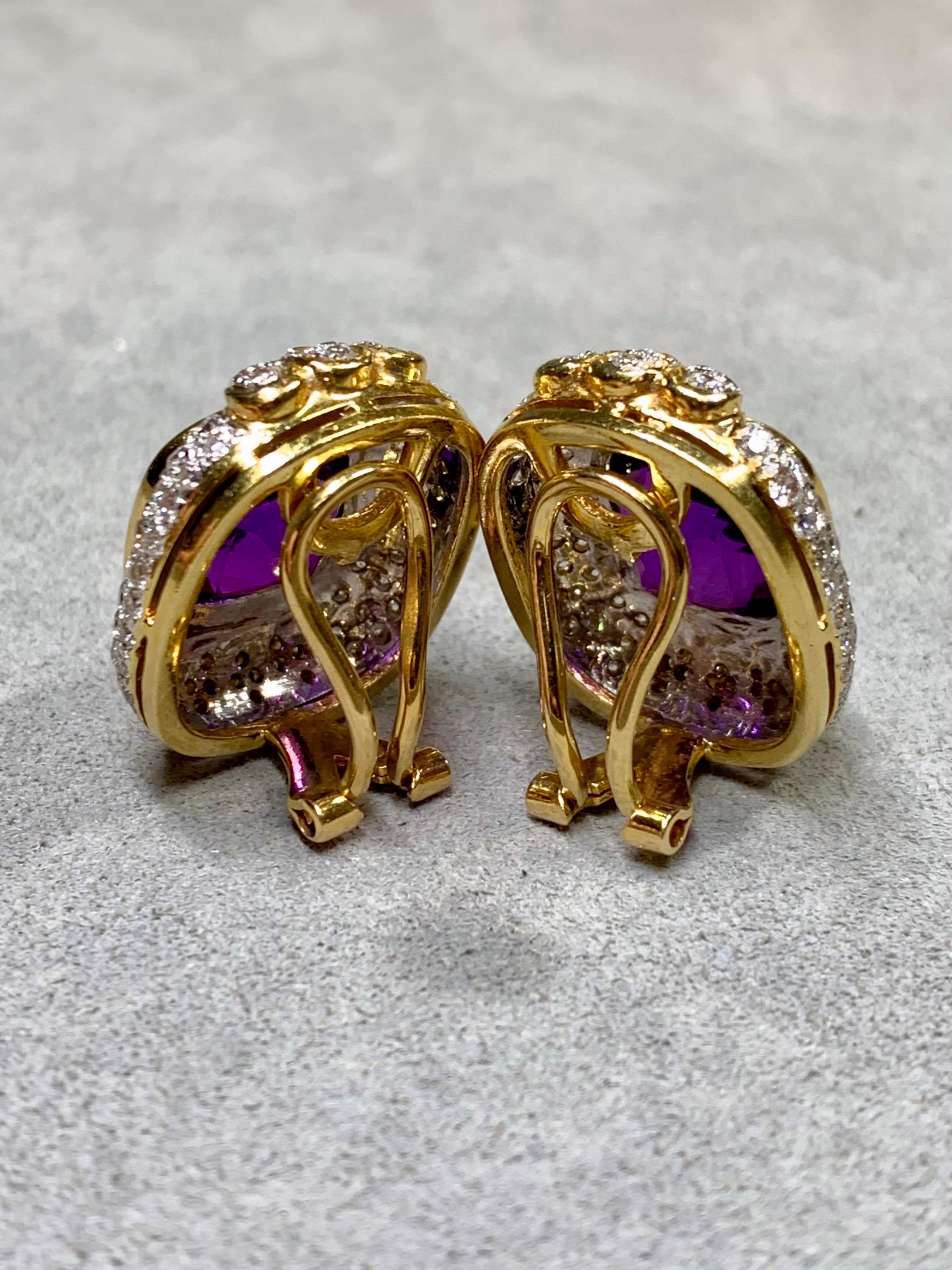 Cushion Cut Vintage 18K Two Tone Diamond Cushion Amethyst Huggie Earrings 18.20ctw For Sale