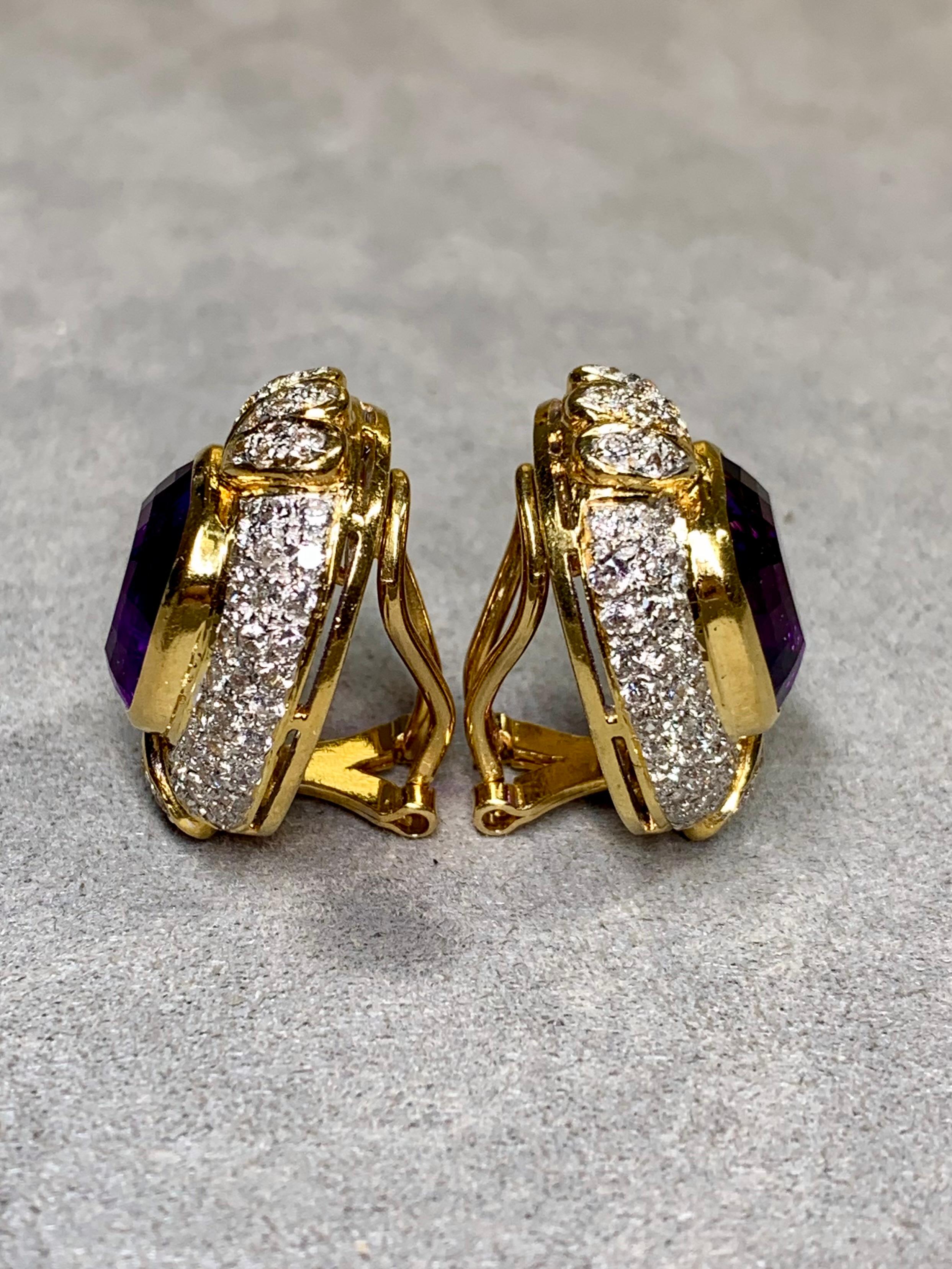 Vintage 18K Two Tone Diamond Cushion Amethyst Huggie Earrings 18.20ctw In Good Condition For Sale In Winter Springs, FL