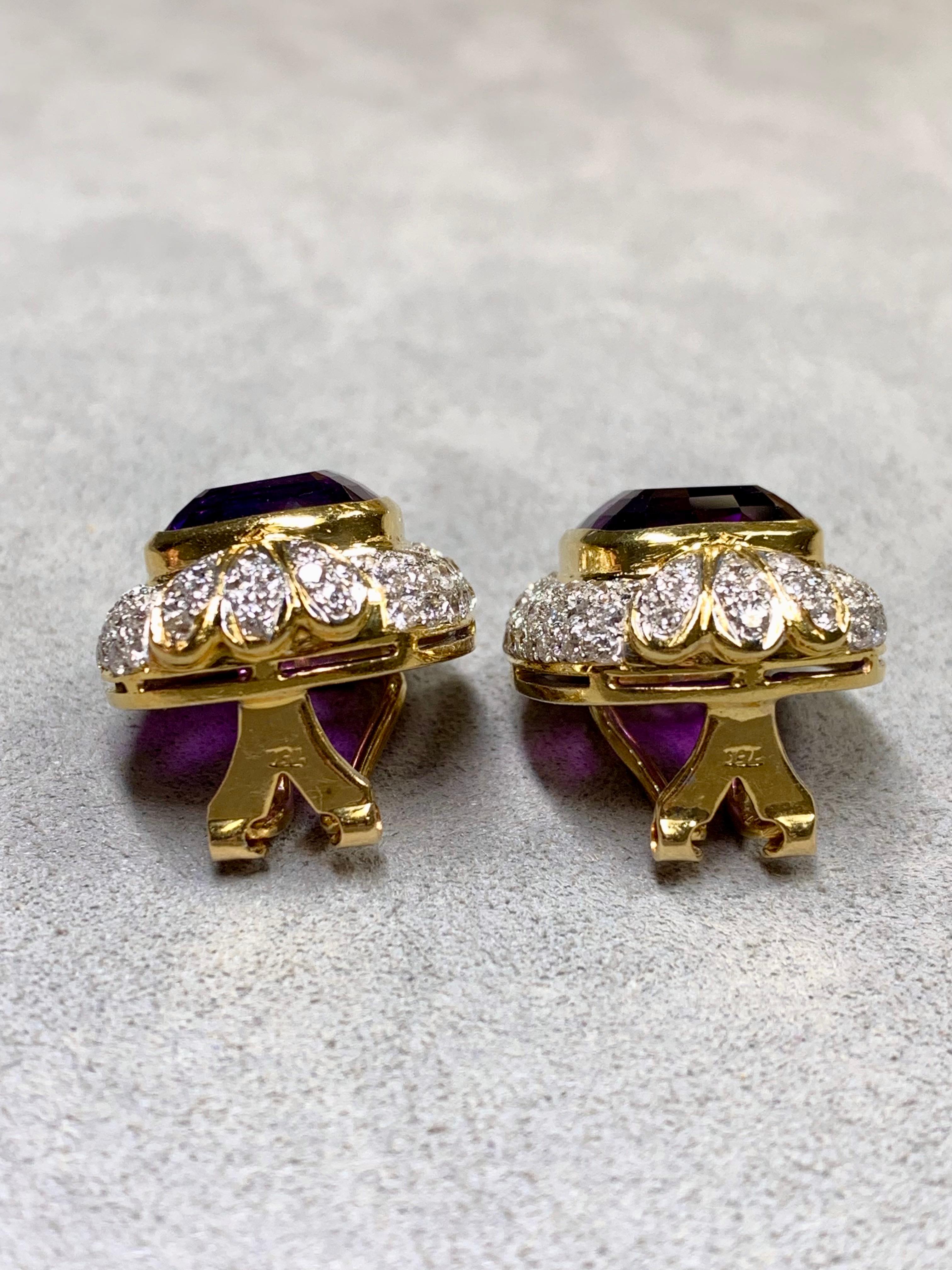 Women's or Men's Vintage 18K Two Tone Diamond Cushion Amethyst Huggie Earrings 18.20ctw For Sale