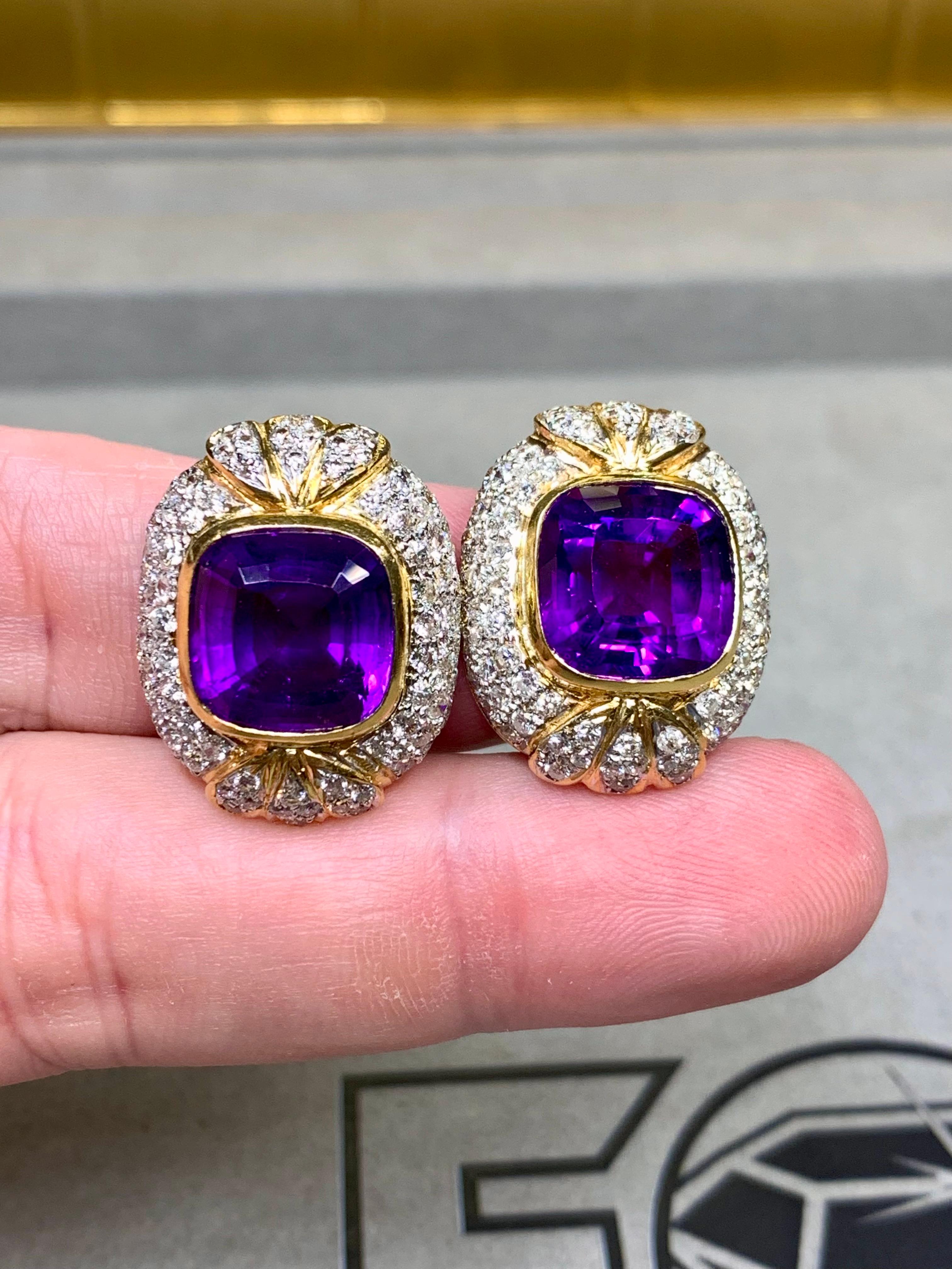 Vintage 18K Two Tone Diamond Cushion Amethyst Huggie Earrings 18.20ctw For Sale 1