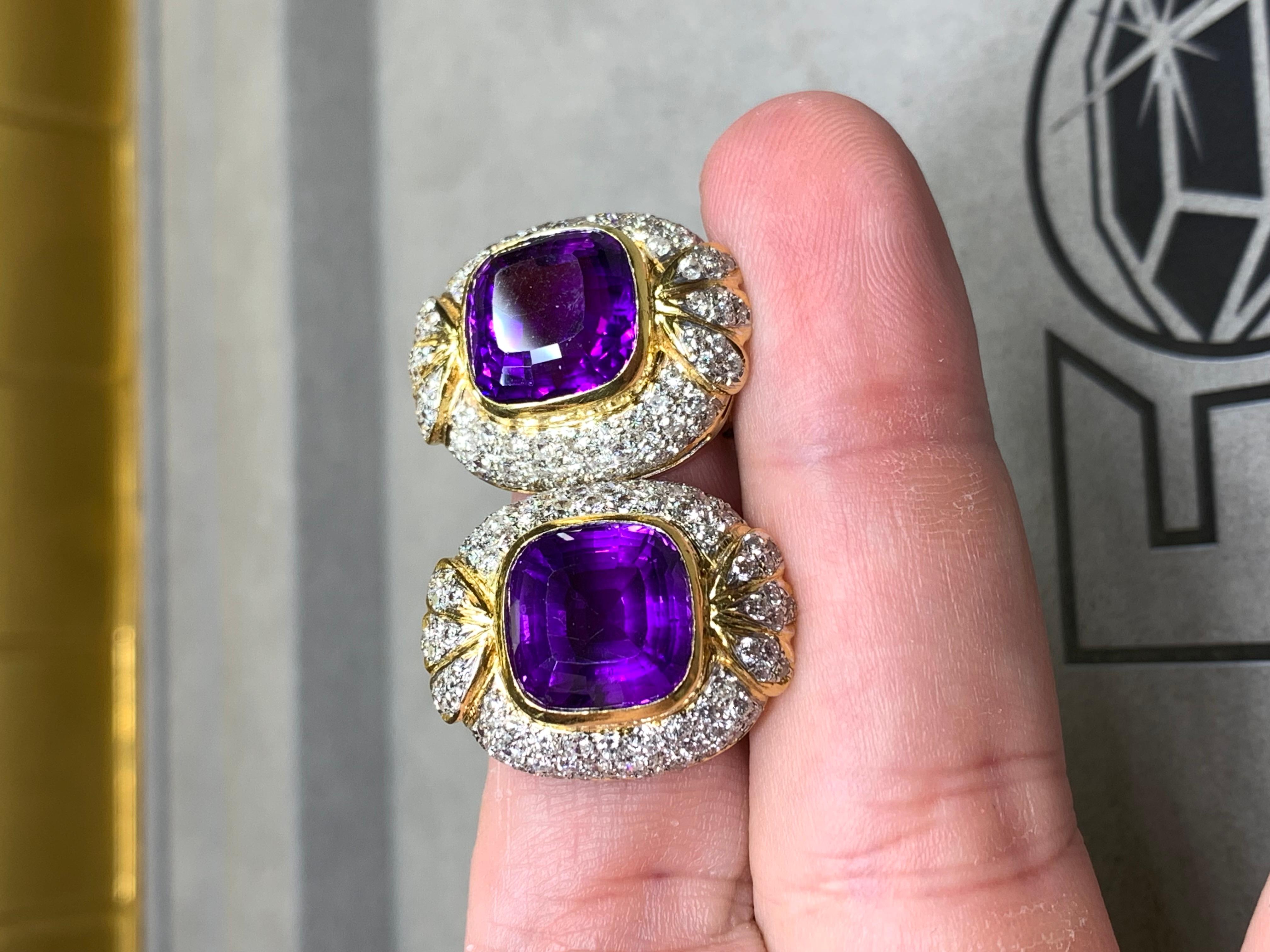Vintage 18K Two Tone Diamond Cushion Amethyst Huggie Earrings 18.20ctw For Sale 2