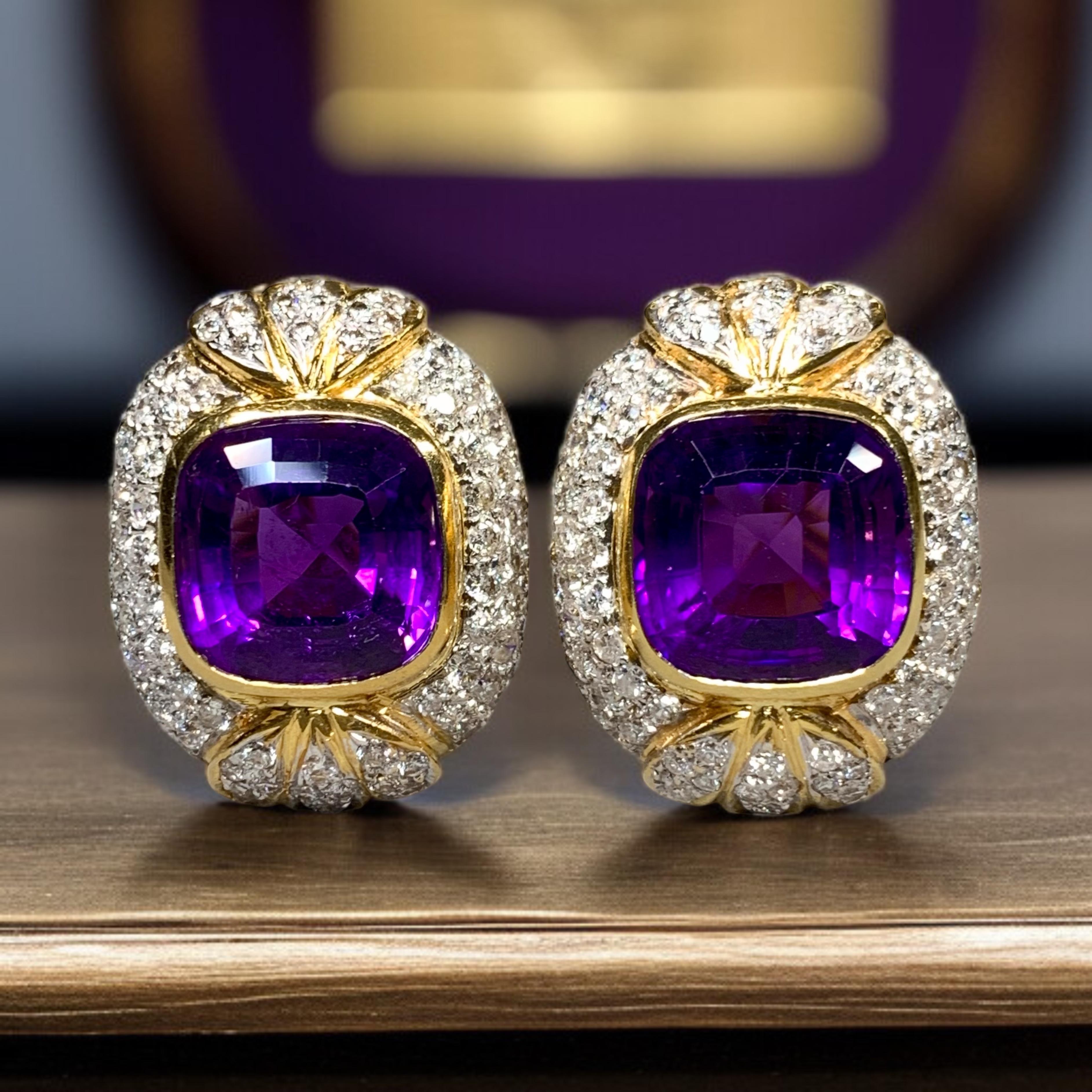 Vintage 18K Two Tone Diamond Cushion Amethyst Huggie Earrings 18.20ctw For Sale 3
