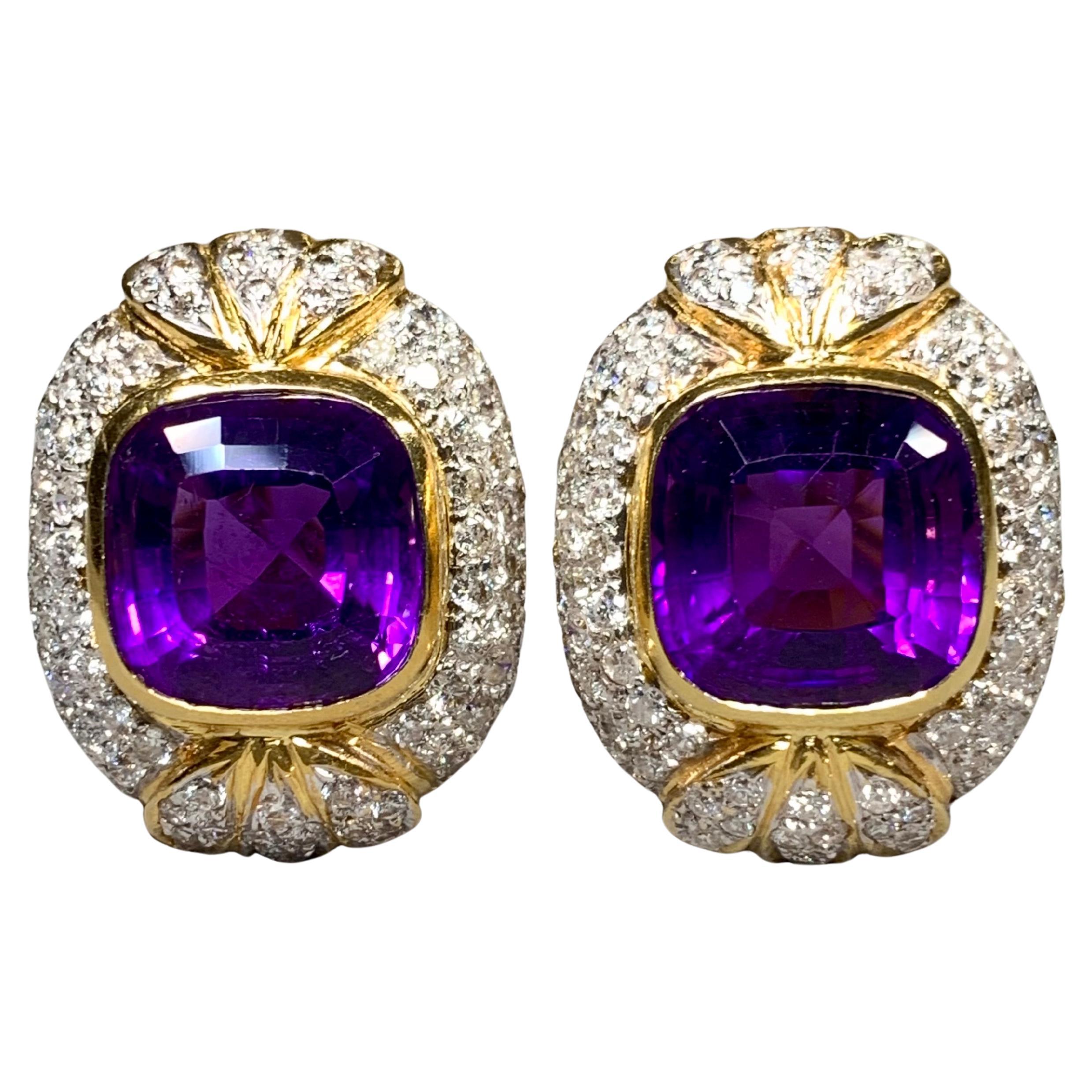 Vintage 18K Two Tone Diamond Cushion Amethyst Huggie Earrings 18.20ctw For Sale
