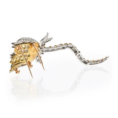 Vintage 18k Two Tone Diamond Flower on a Stem Brooch
