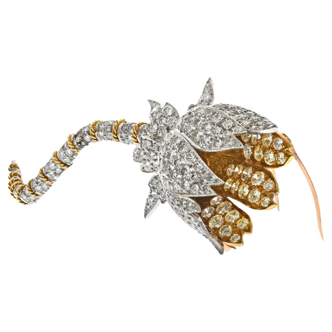 Vintage 18k Two Tone Diamond Flower on a Stem Brooch