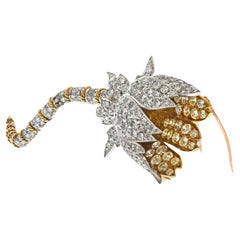 Vintage 18k Two Tone Diamond Flower on a Stem Brooch