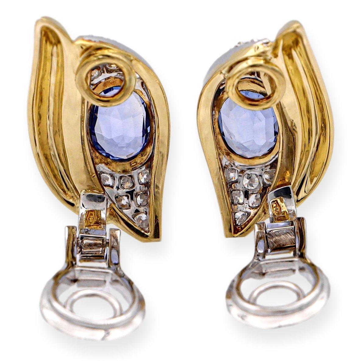 Oval Cut Vintage 18K Two-Tone GIA Burma No-Heat Sapphire Diamond Clip Earrings For Sale