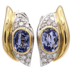 Vintage 18K Two-Tone GIA Burma No-Heat Sapphire Diamond Clip Earrings