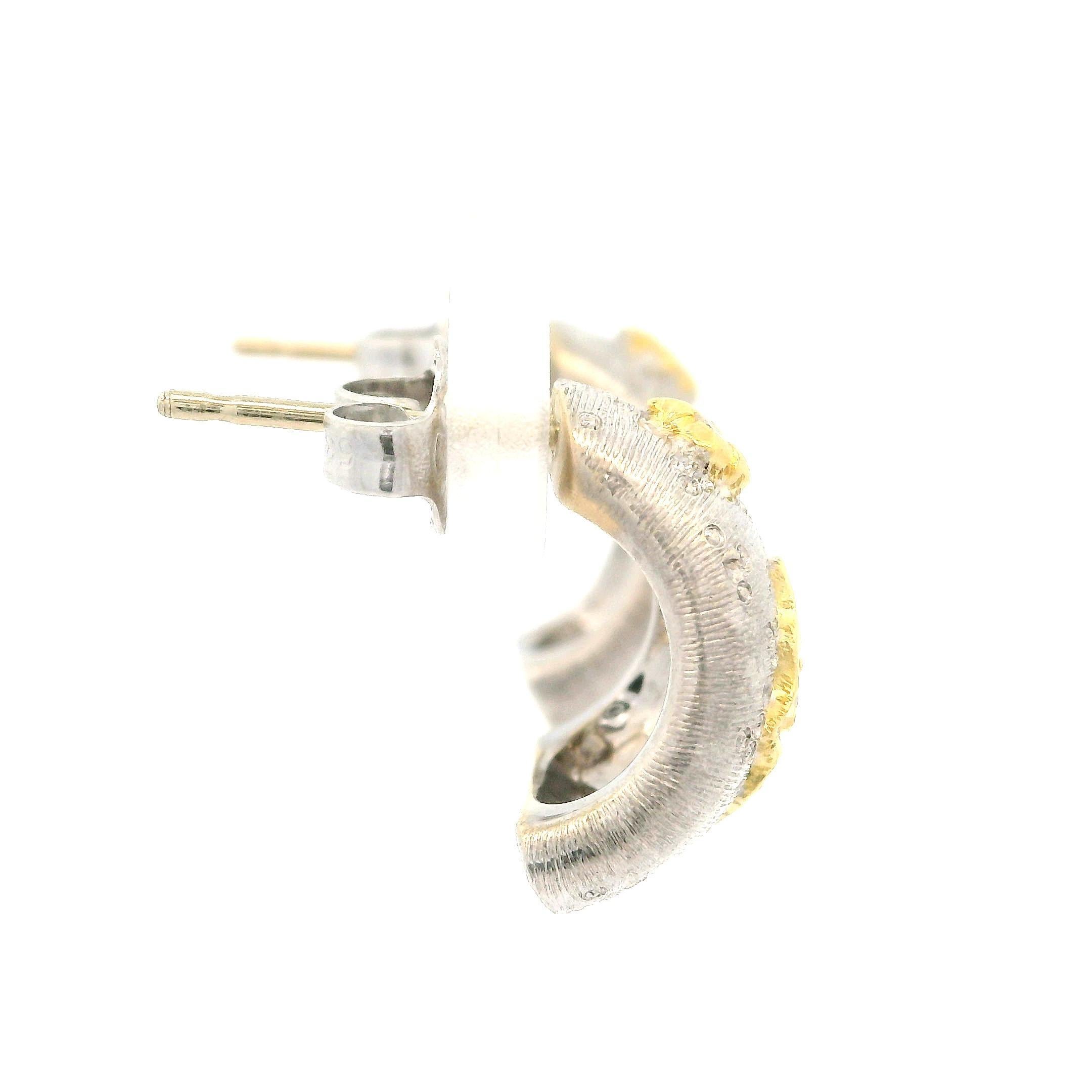 Round Cut Vintage 18k Two Tone Gold 0.10ctw Diamond Engraved Textured Cuff Earrings For Sale