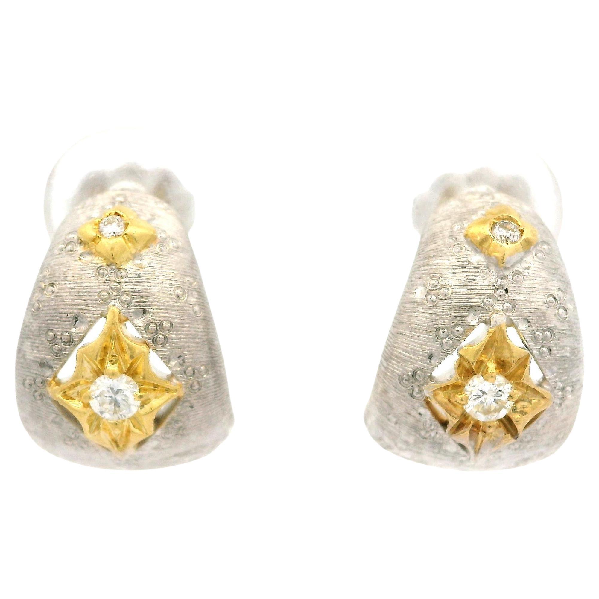 Vintage 18k Two Tone Gold 0.10ctw Diamond Engraved Textured Cuff Earrings