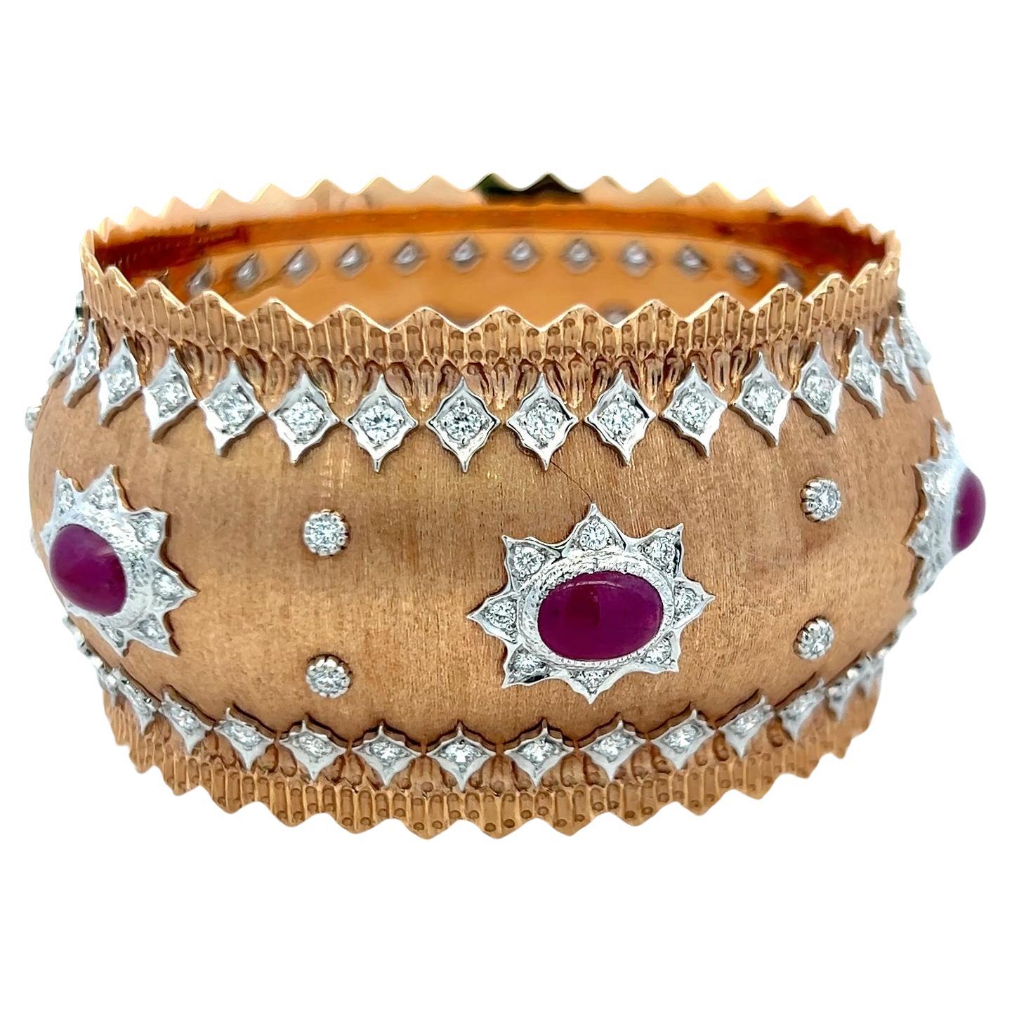 Vintage 18K Two Tone Gold Bangle Bracelet with 4 Carat Diamonds and 9 Carat Ruby
