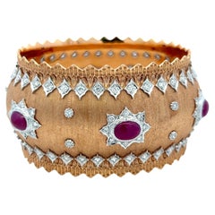 Vintage 18K Two Tone Gold Bangle Bracelet with 4 Carat Diamonds and 9 Carat Ruby