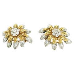 Vintage 18K Two-Tone Gold Clip-On Earrings with 2.95ct Diamonds – Floral Design
