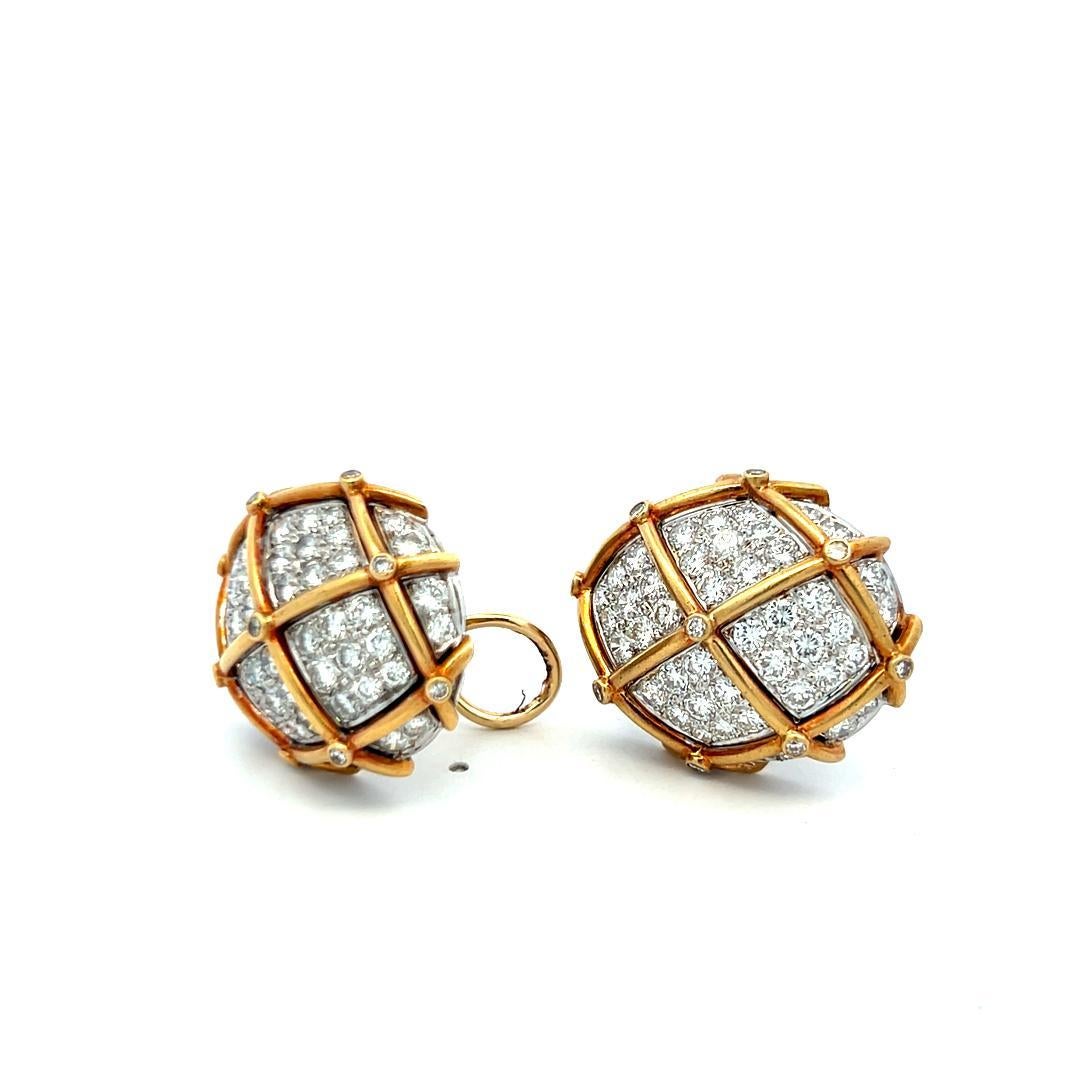 Vintage 18K Two Tone Gold Clip On Earrings with 7.46 Carat Round E-VS Diamonds For Sale