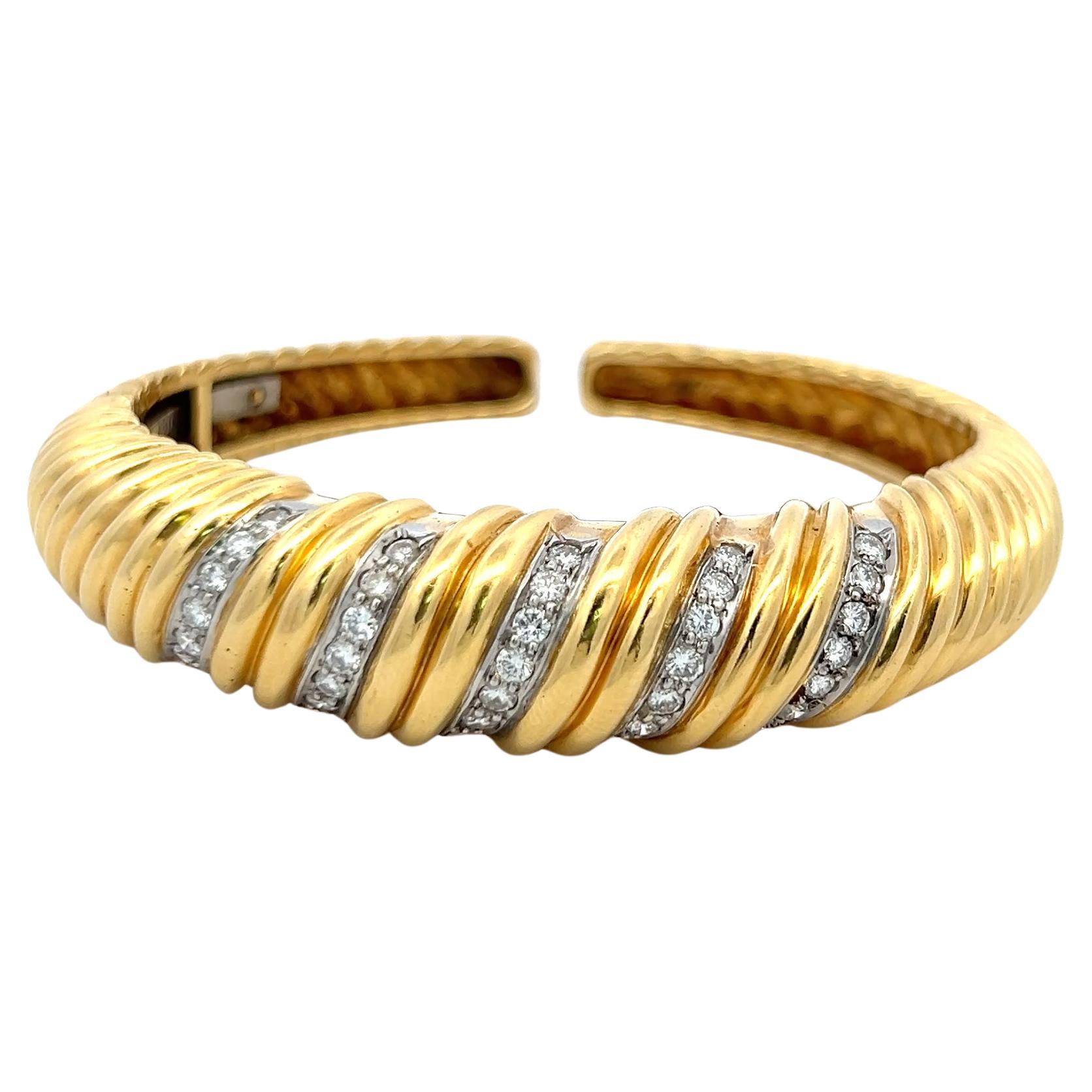 Vintage 18K Two Tone Gold Cuff Bracelet with 0.85 Carat Round G-VS Diamonds