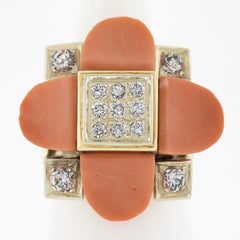 Vintage 18K Two Tone Gold Custom Cut Coral & 0.74ctw Diamond Large Cocktail Ring