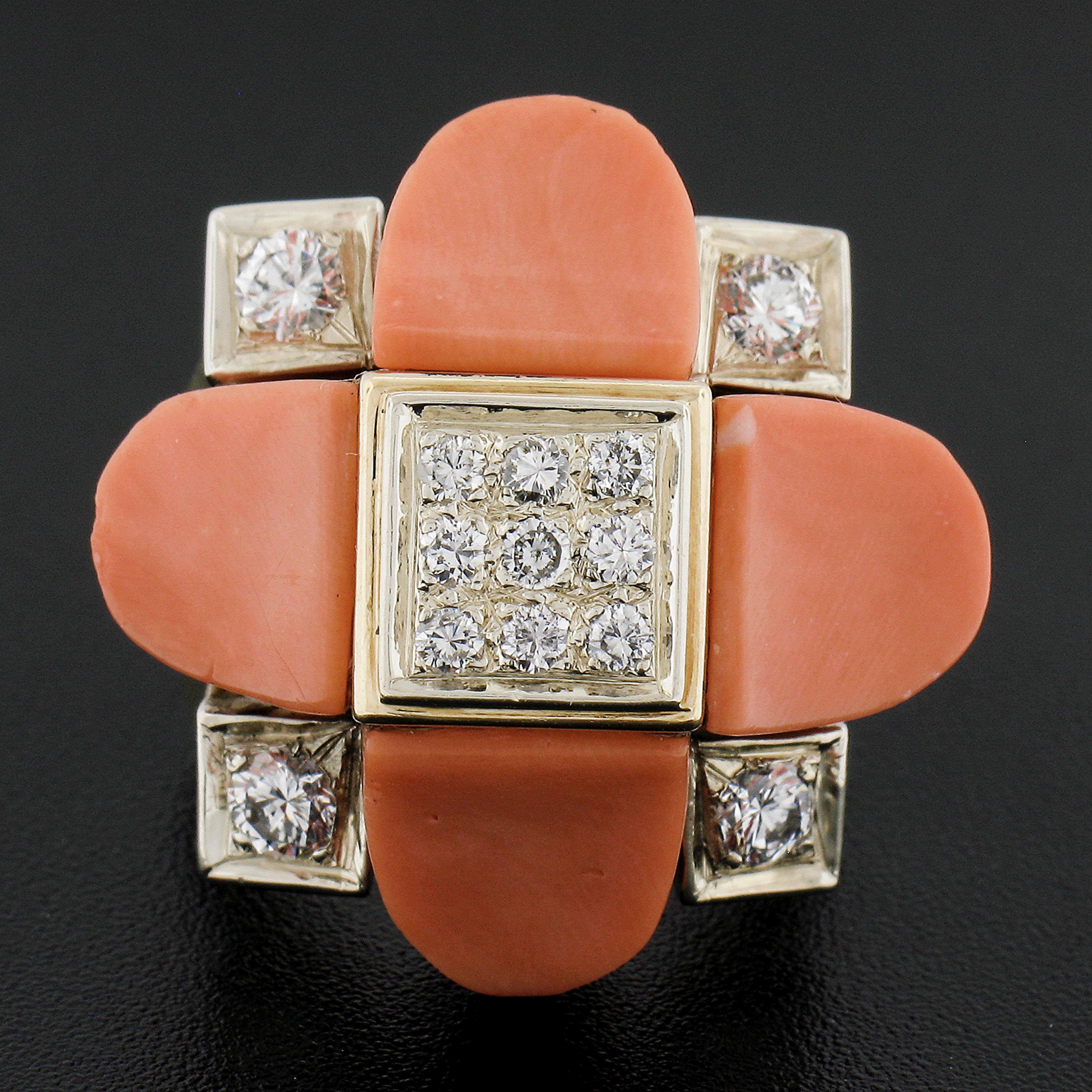 Round Cut Vintage 18K Two Tone Gold Custom Cut Coral & 0.74ctw Diamond Large Cocktail Ring For Sale
