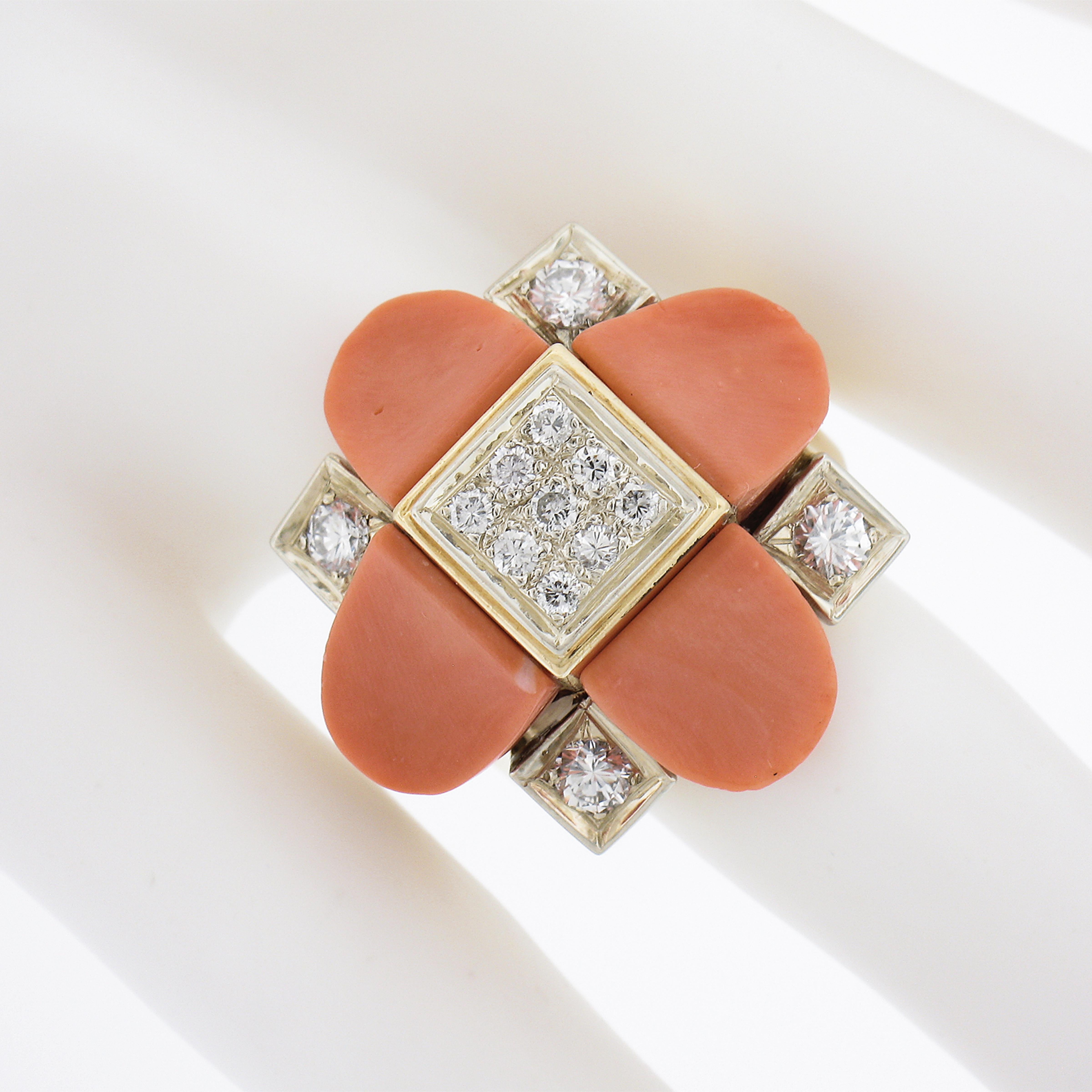 Vintage 18K Two Tone Gold Custom Cut Coral & 0.74ctw Diamond Large Cocktail Ring In Good Condition For Sale In Montclair, NJ
