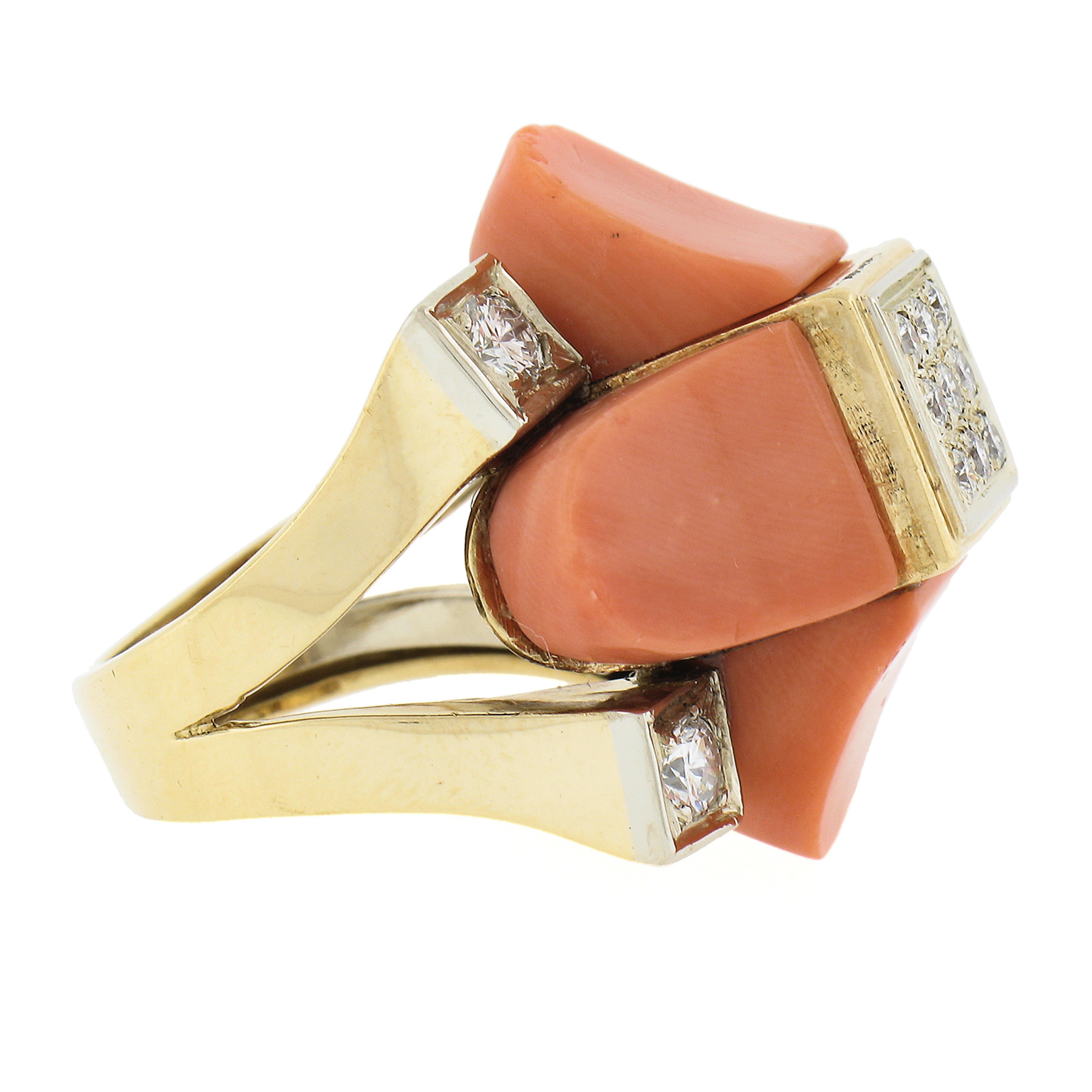 Women's Vintage 18K Two Tone Gold Custom Cut Coral & 0.74ctw Diamond Large Cocktail Ring For Sale