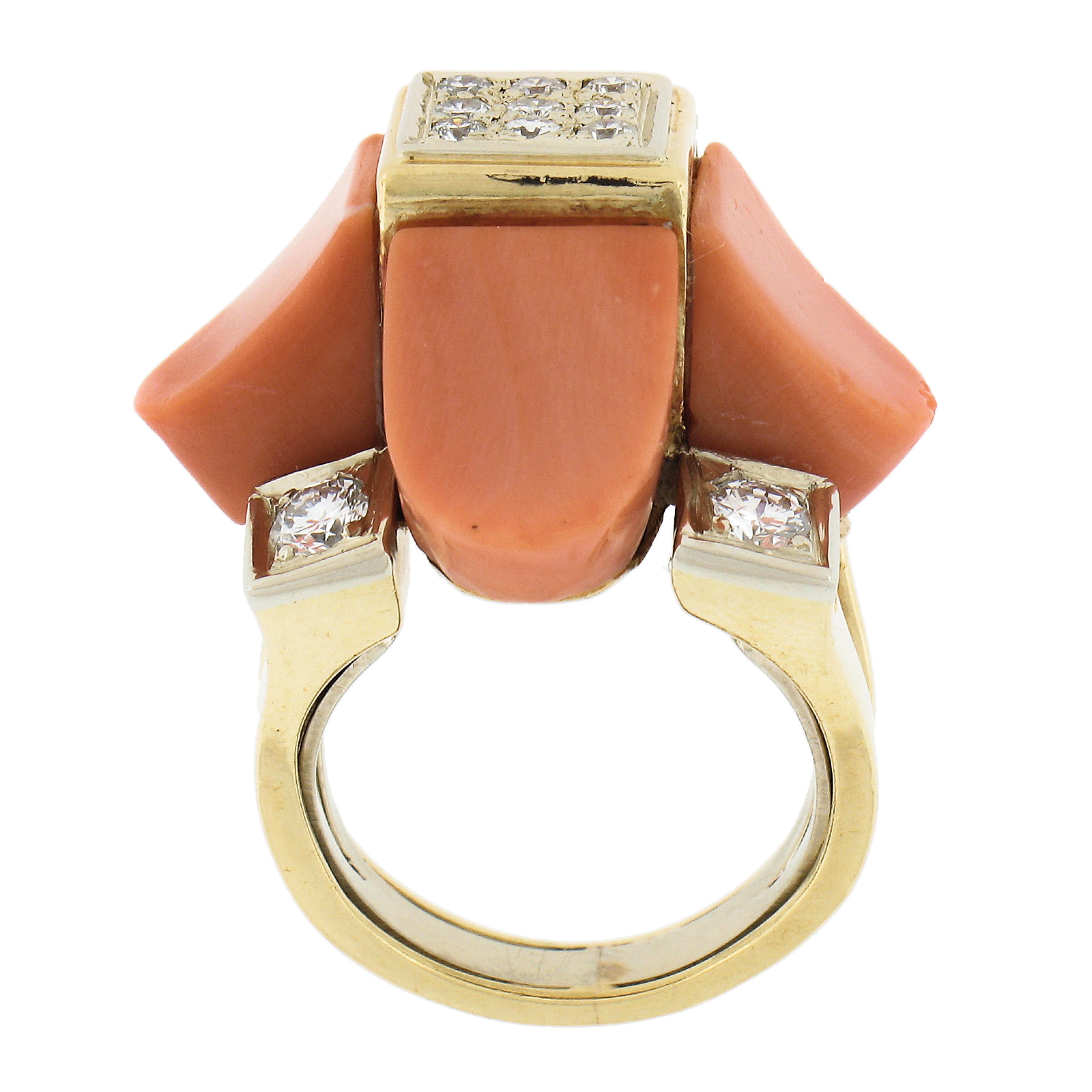 Vintage 18K Two Tone Gold Custom Cut Coral & 0.74ctw Diamond Large Cocktail Ring For Sale 3